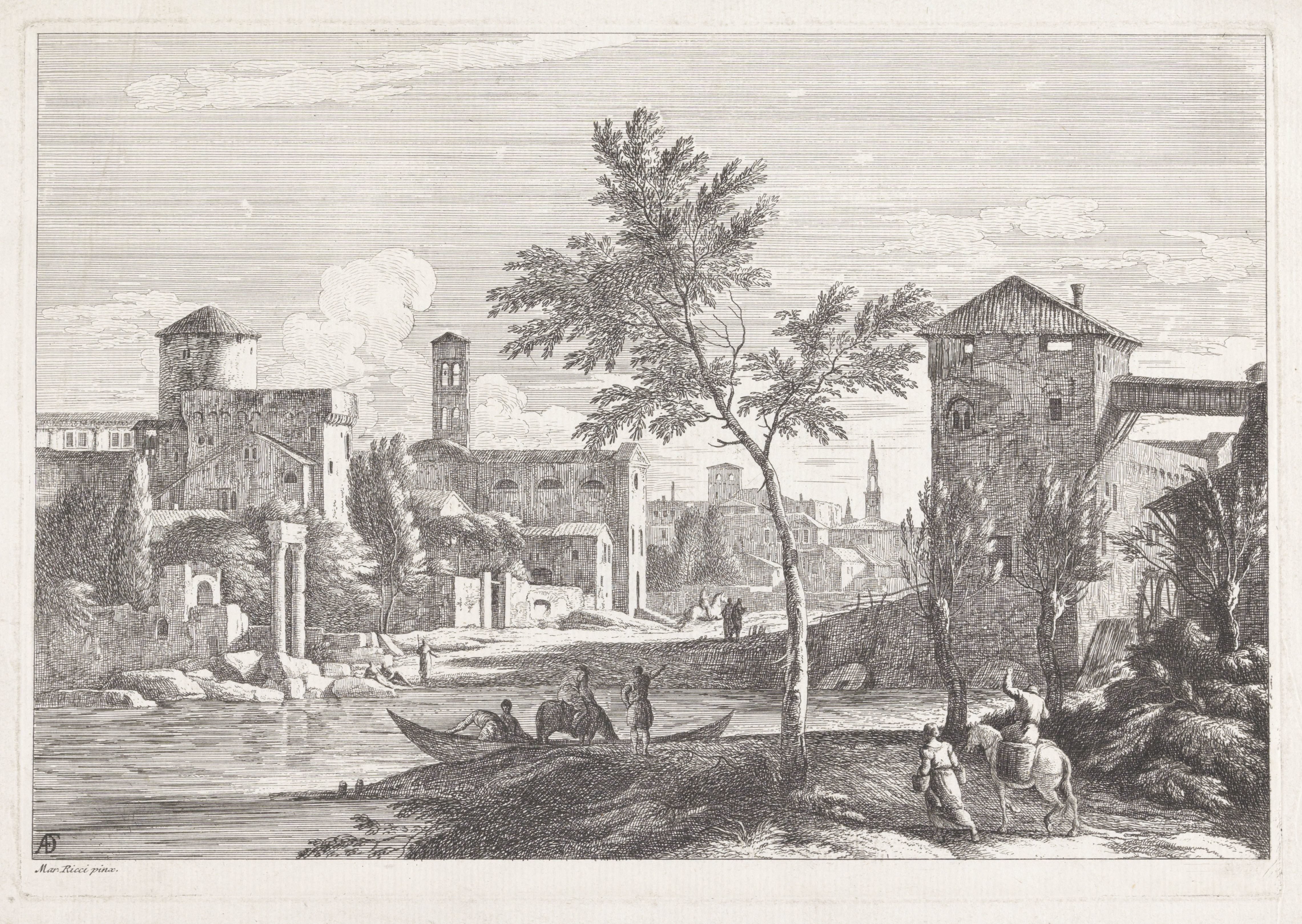 Landschap met rivier en stad