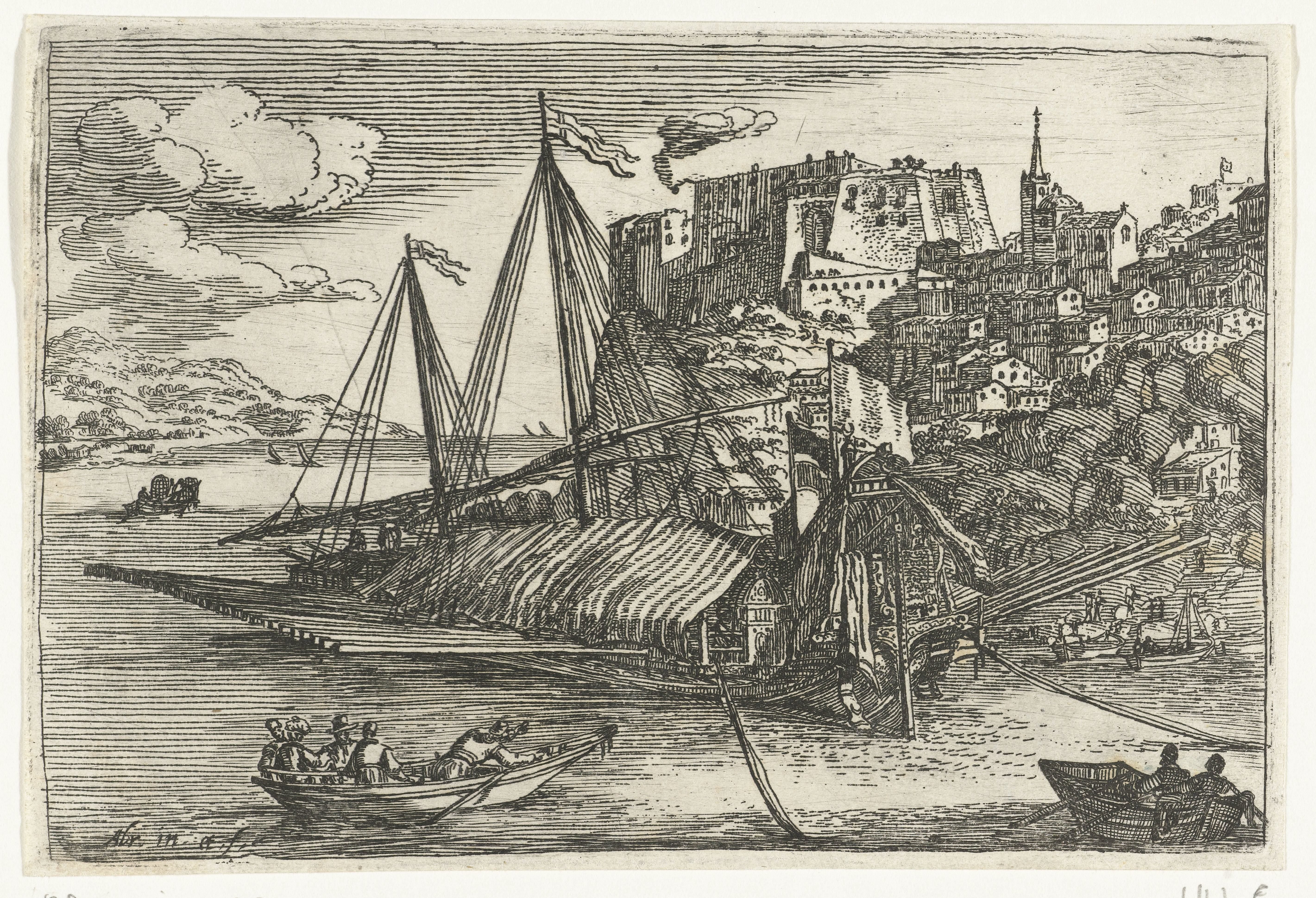 Galei voor anker aan de kade van de haven van Messina