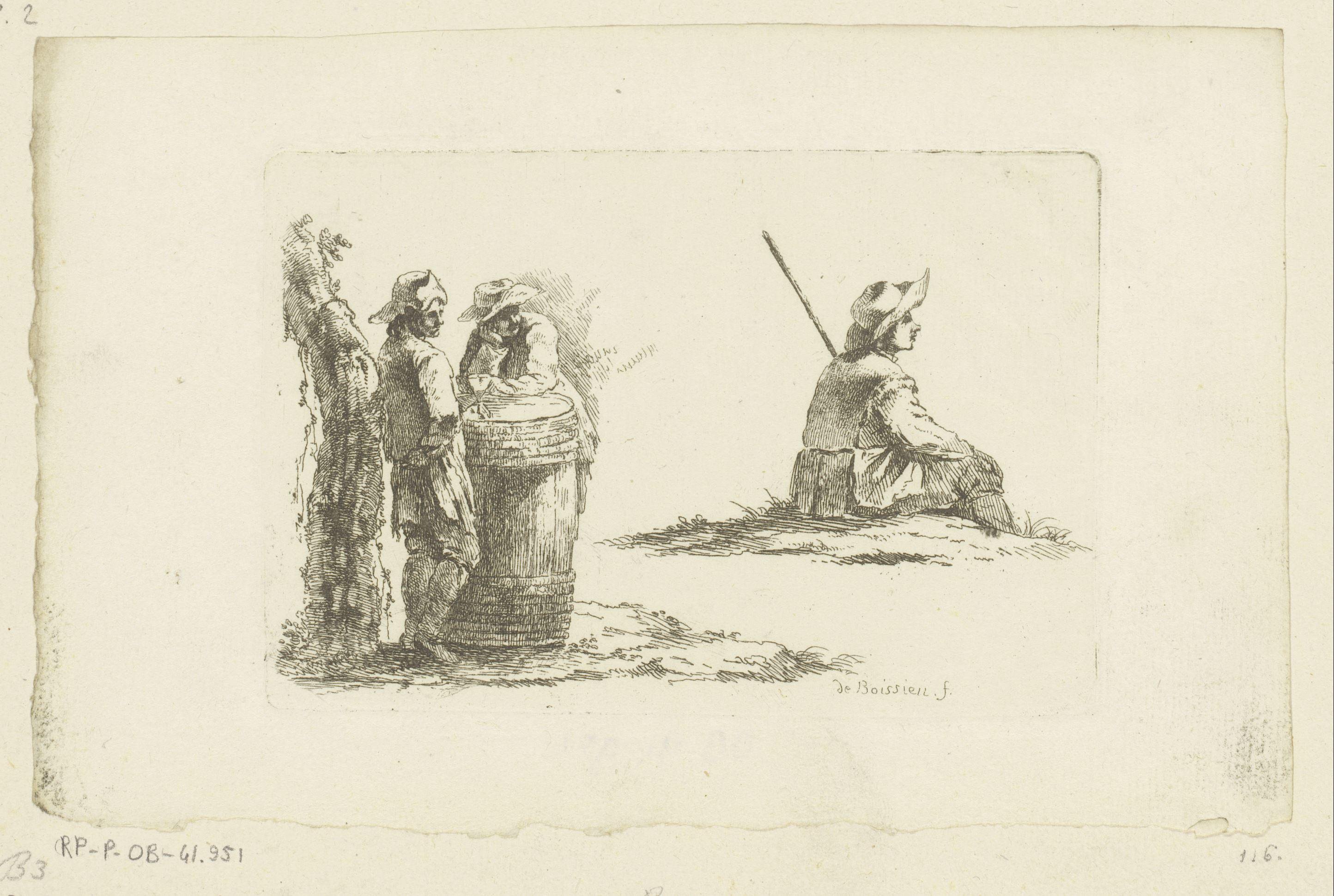 Compositie met twee mannen bij een ton en een gezeten jongeman op de rug gezien