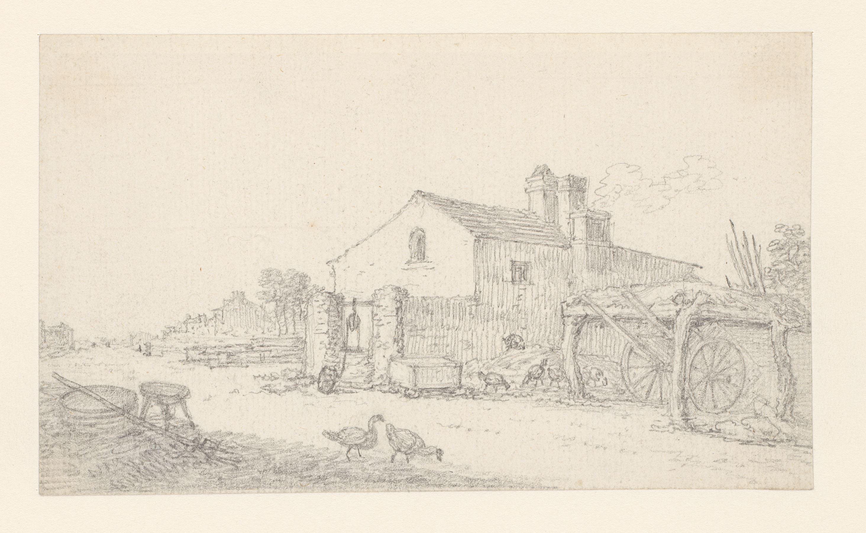 Boerderij; rechts daarvan een afdak voor een wagen