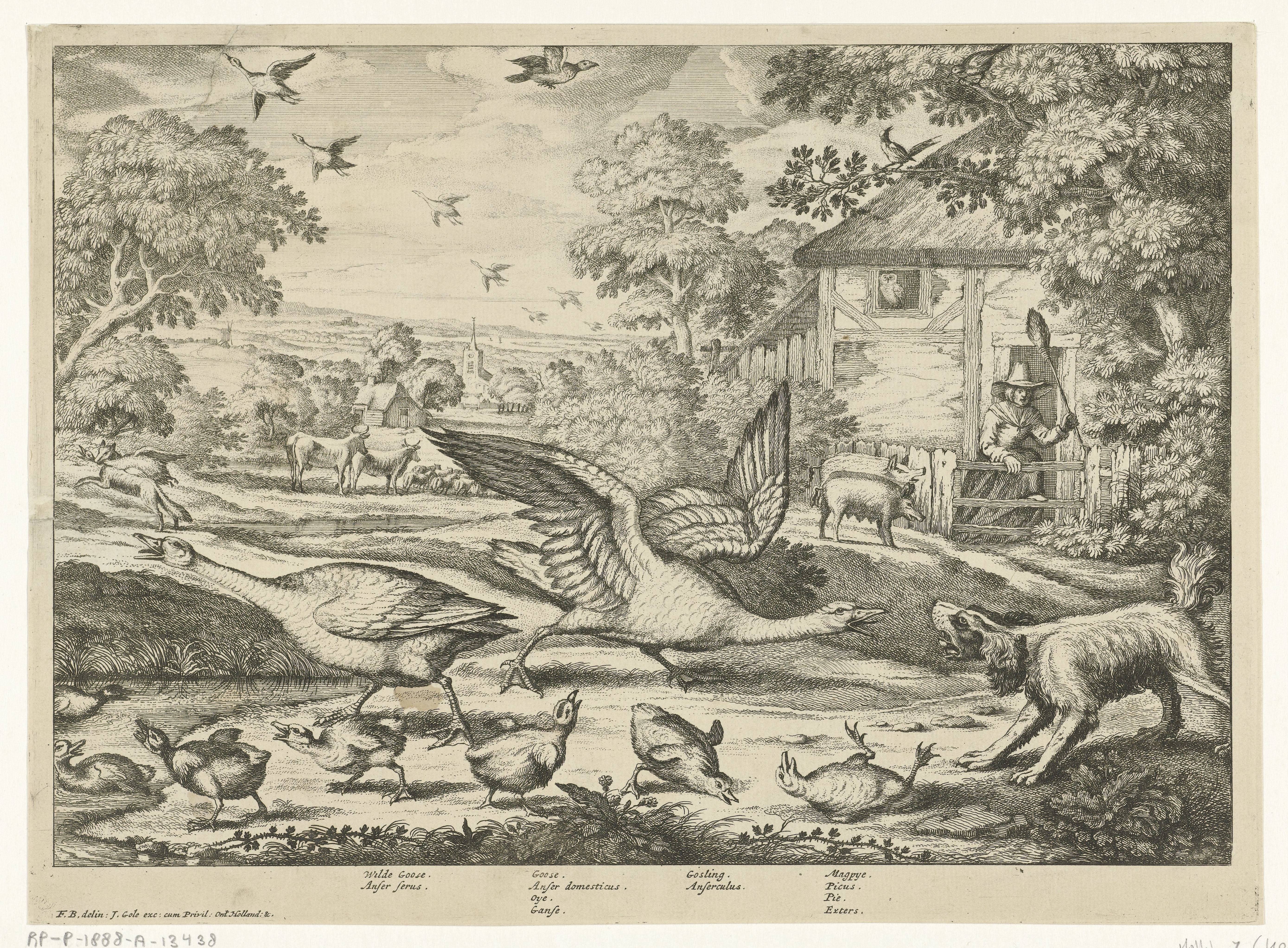 Landschap met twee ganzen die hun jongen verdedigen