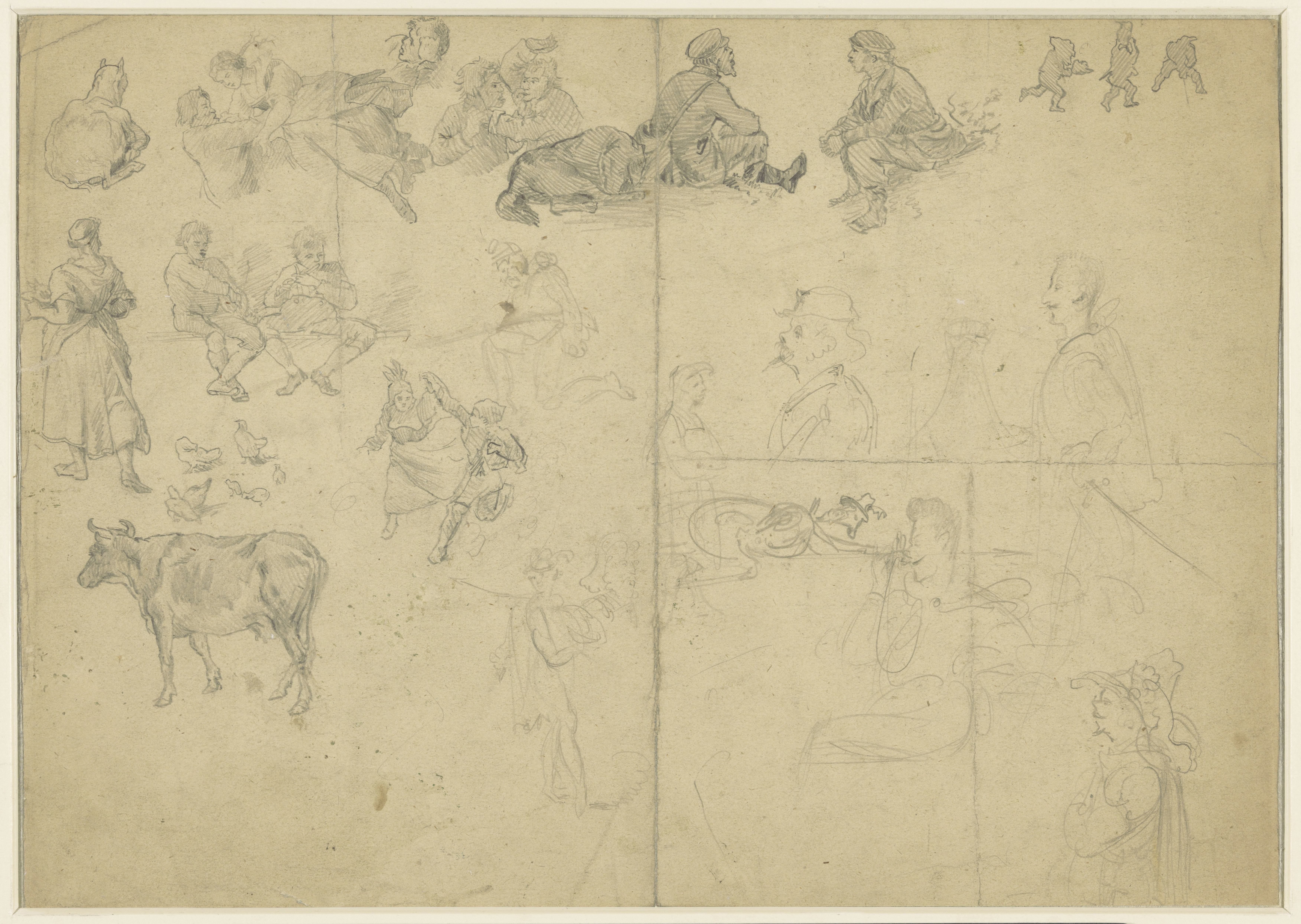 Schetsblad met krabbels van het land, een koe, dansers, toeristen en fantasie-figuren
