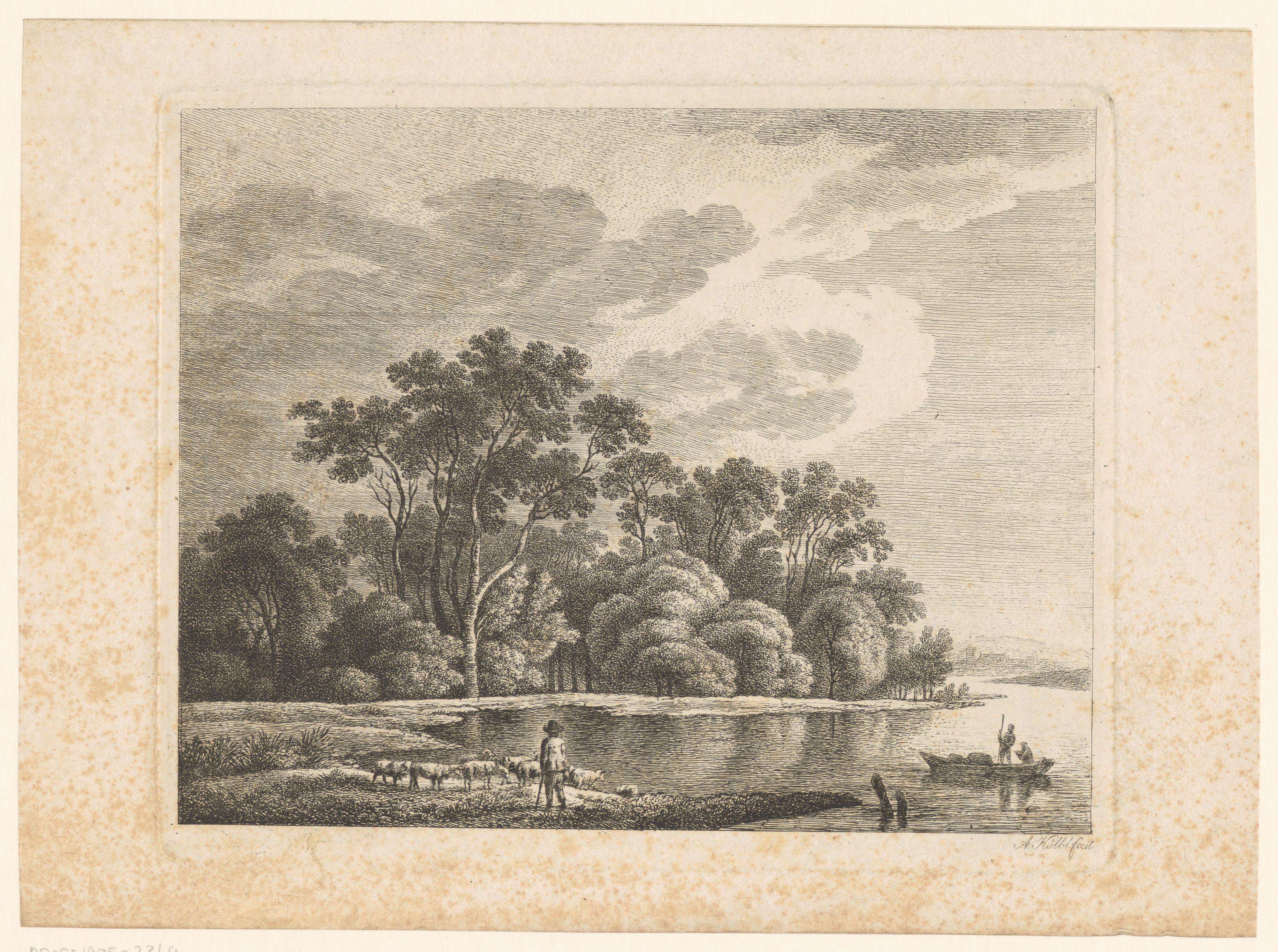 Landschap met een herder en zijn kudde bij een rivier