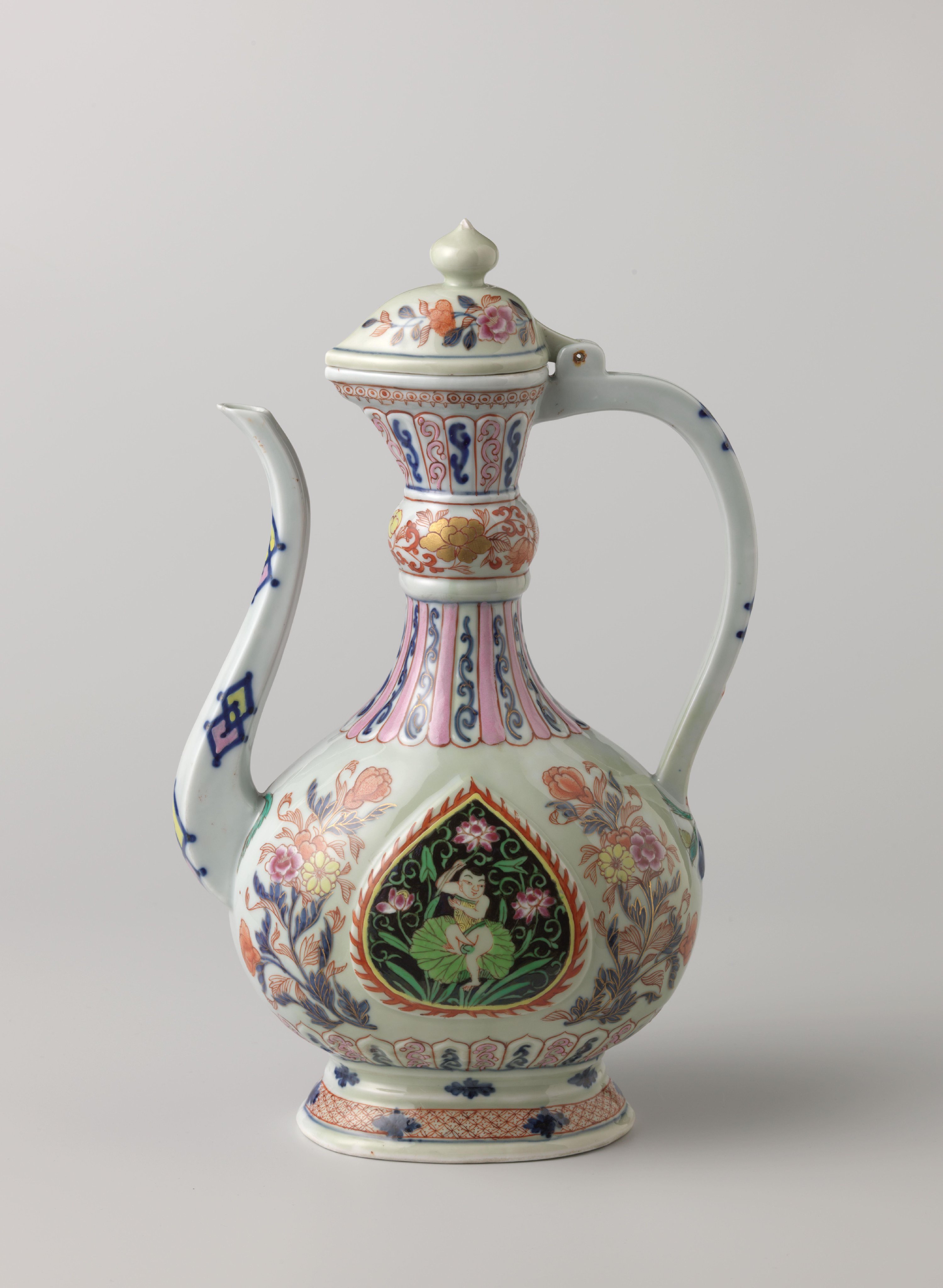 Ewer and cover with flower sprays, ornamental borders and boys among lotus plants