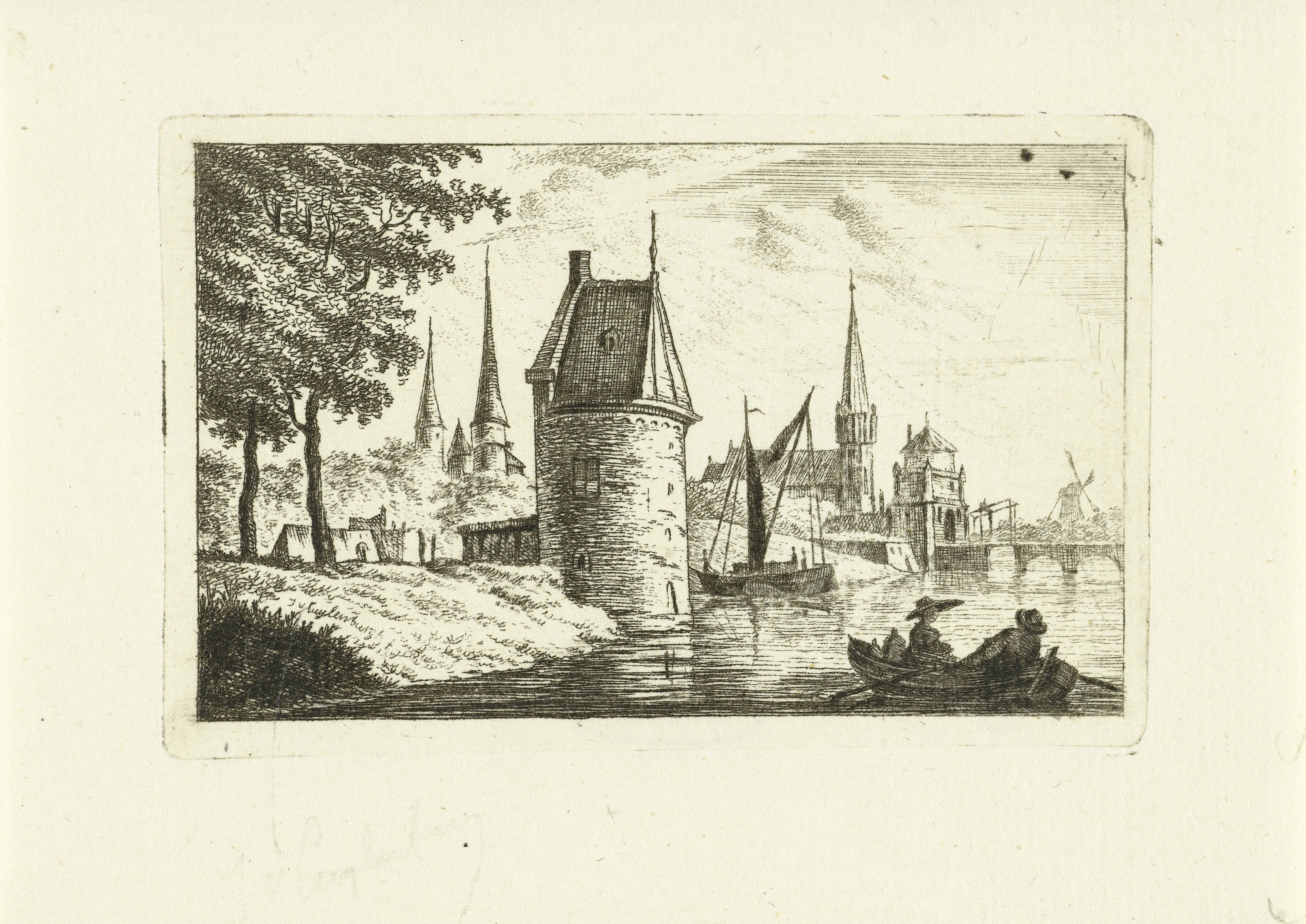 Stadsgezicht met toren aan rivier