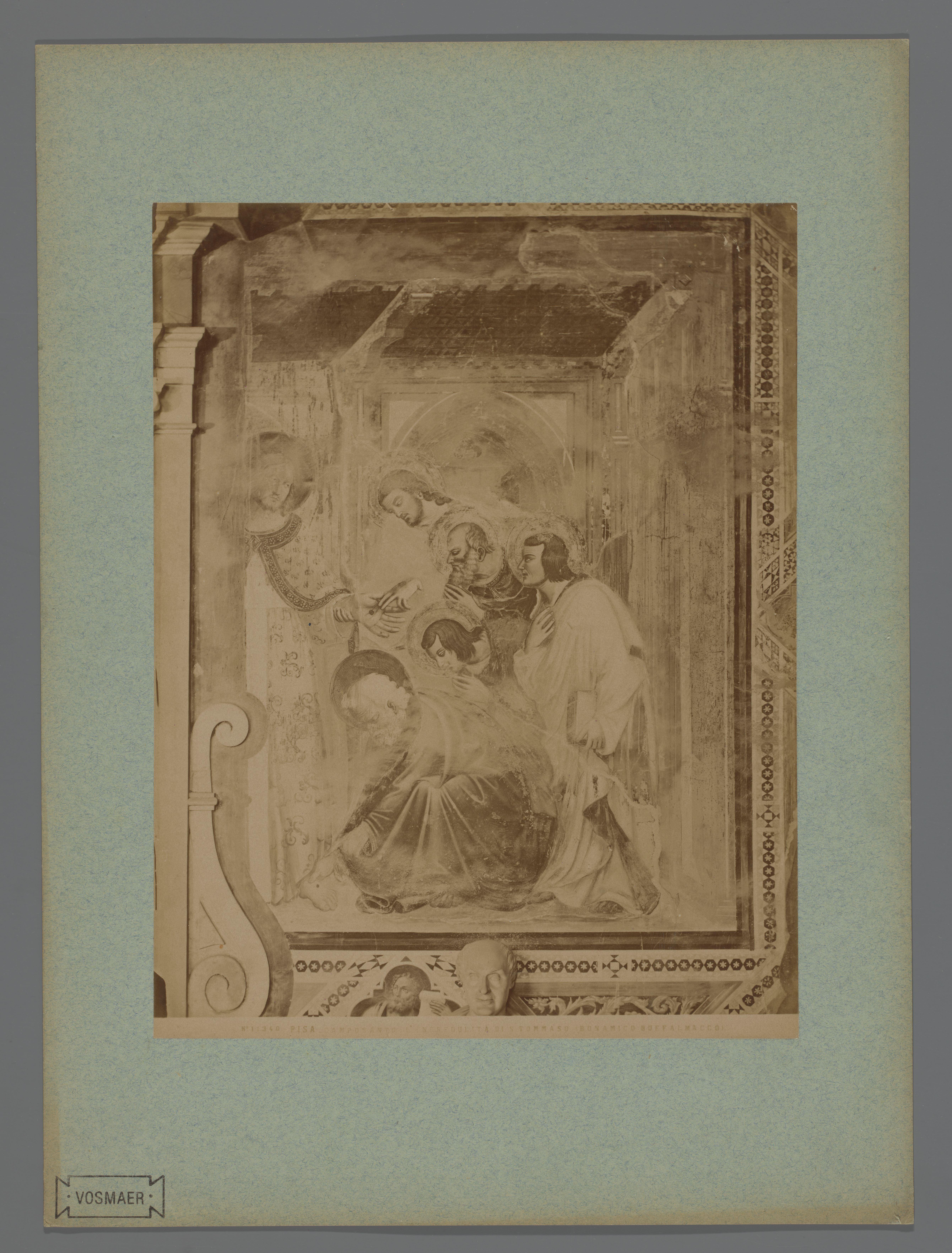Fotoreproductie van het fresco Ongeloof van Tomas door Buffalmacco in het Camposanto te Pisa, Italië