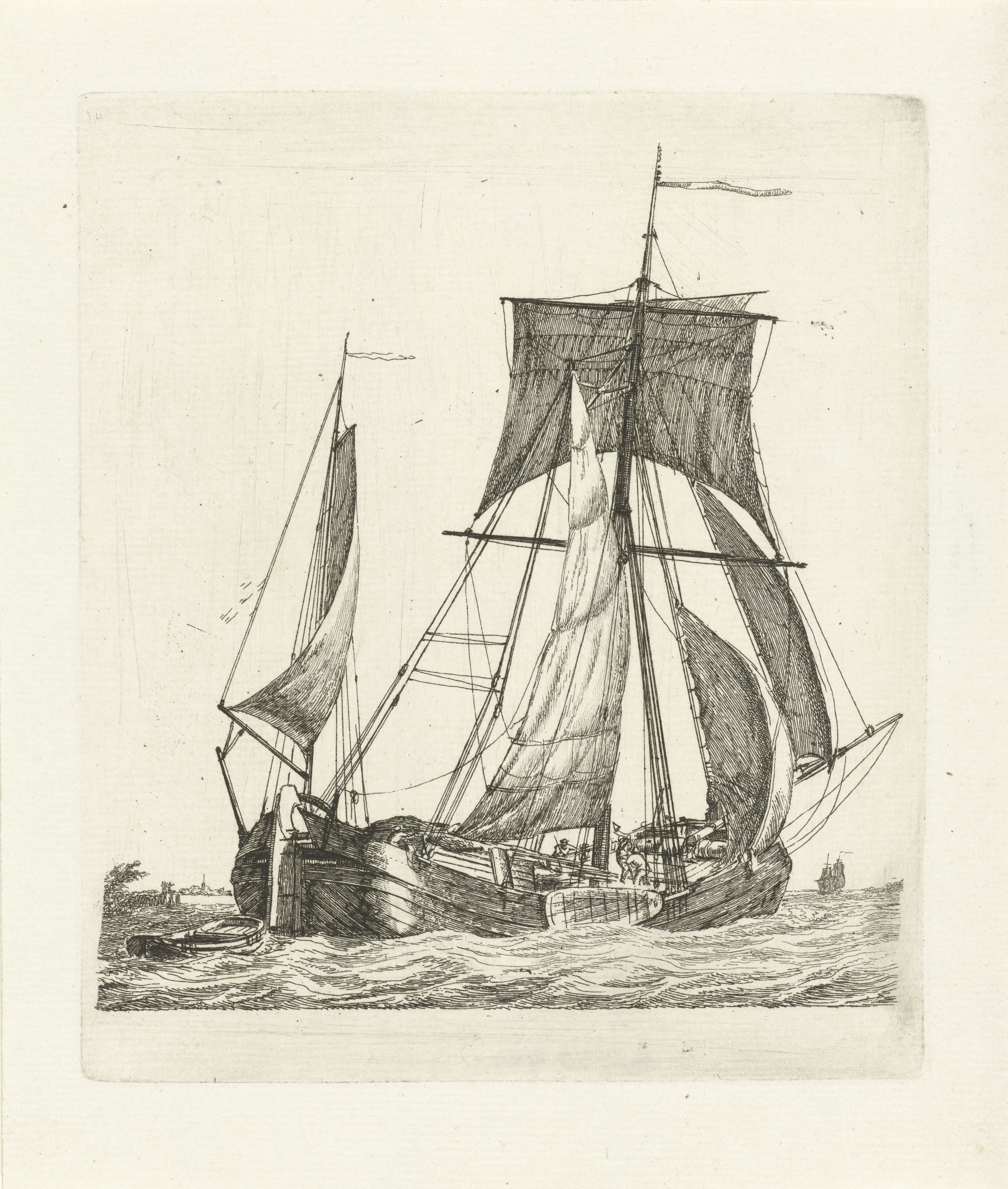 Een zeilschip met sloep op de golven