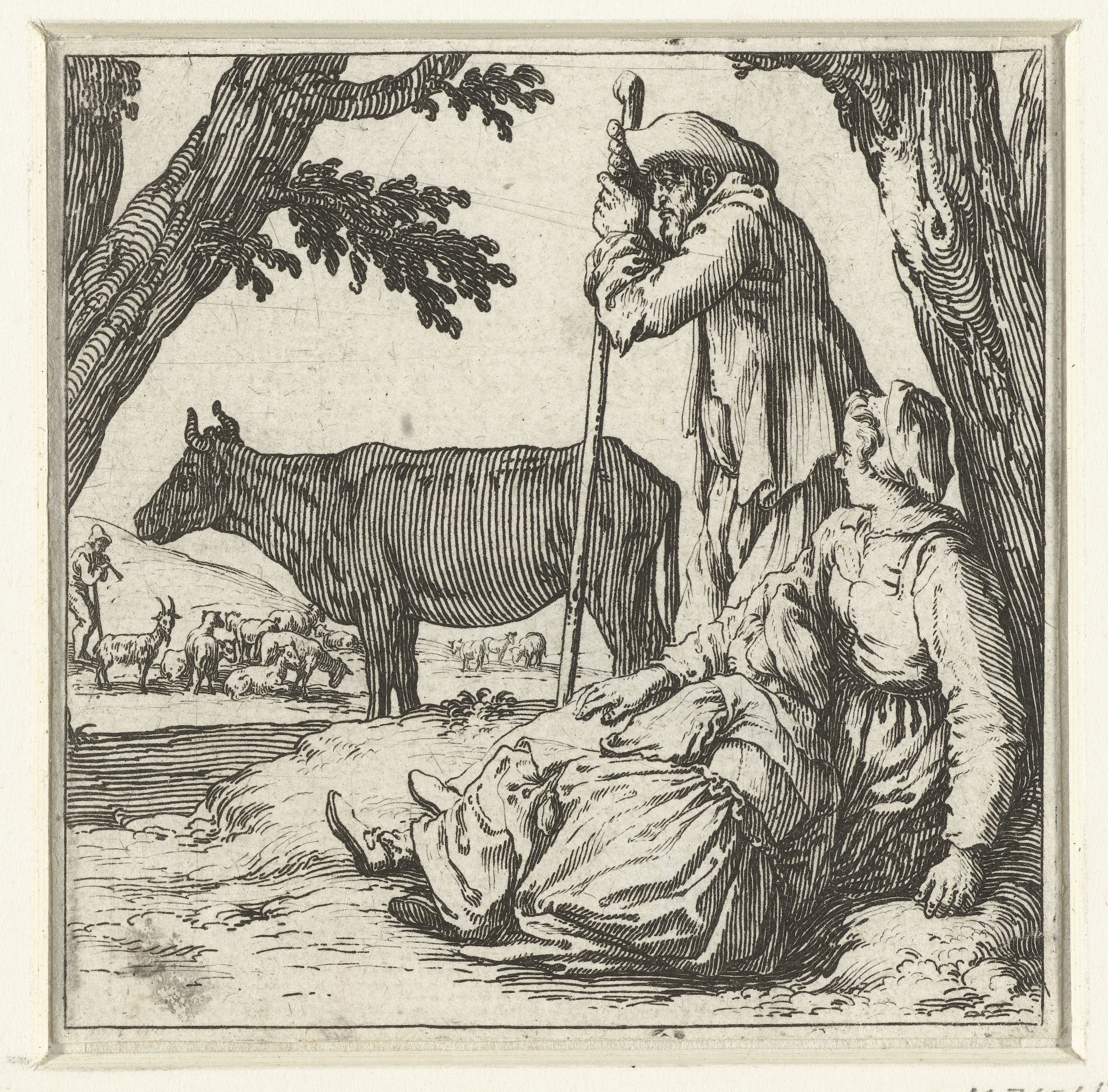 Boer, boerin en dochter met koe