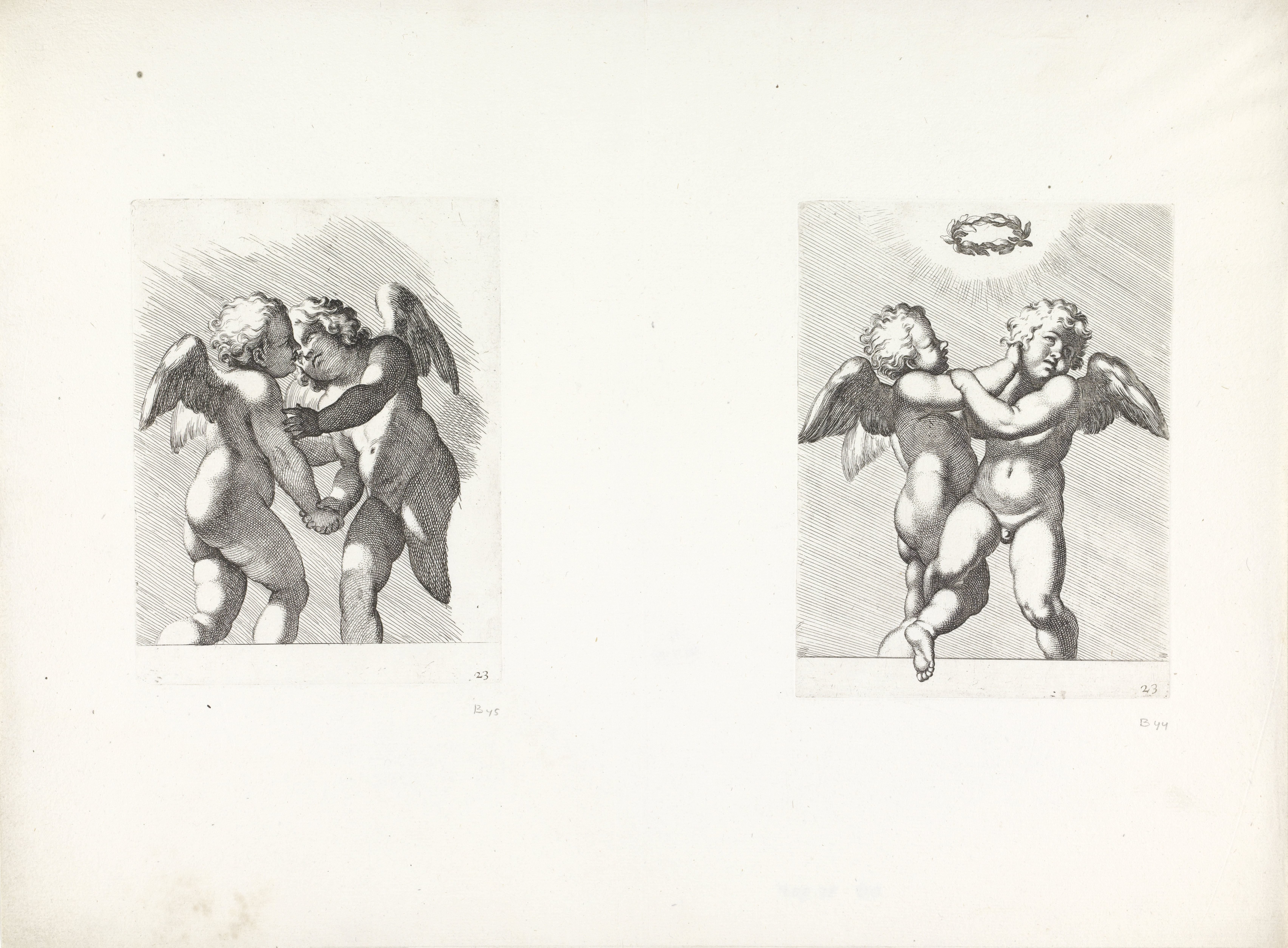 Twee putti op het punt elkaar te omhelzen / Twee vechtende putti