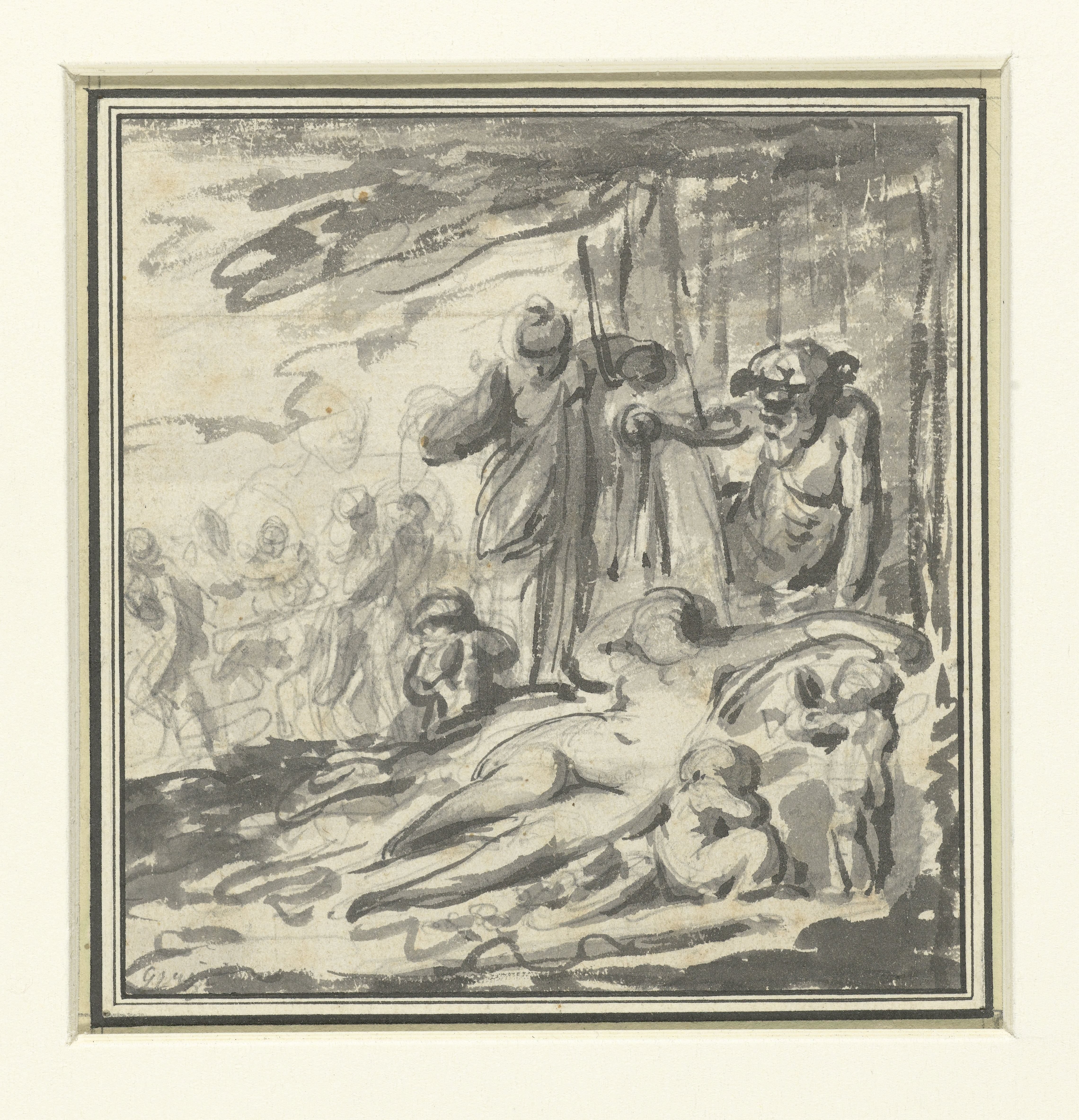 Bacchus tilt een doek op van een slapende vrouw