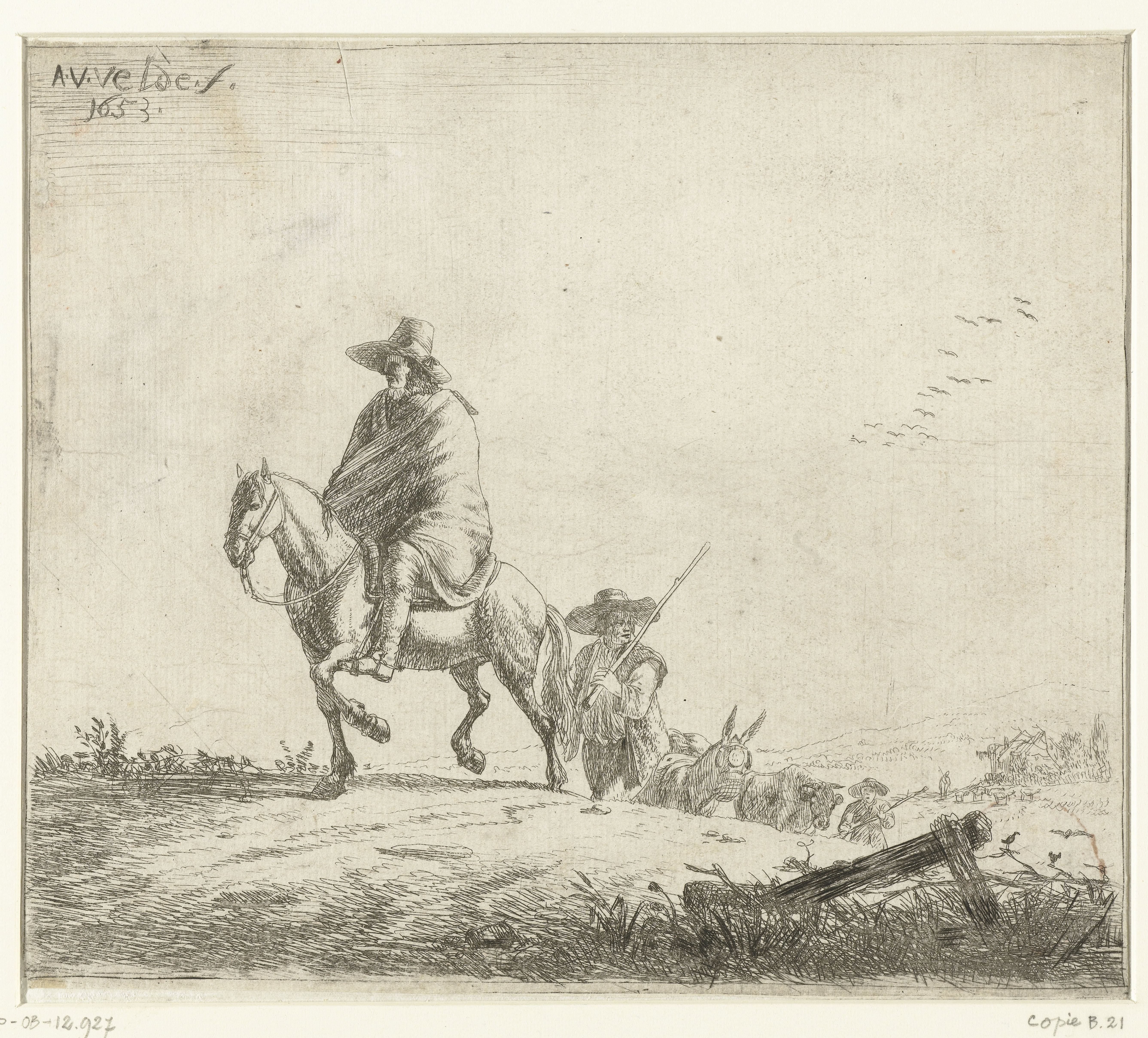 Ruiter en herders met vee op zandweg