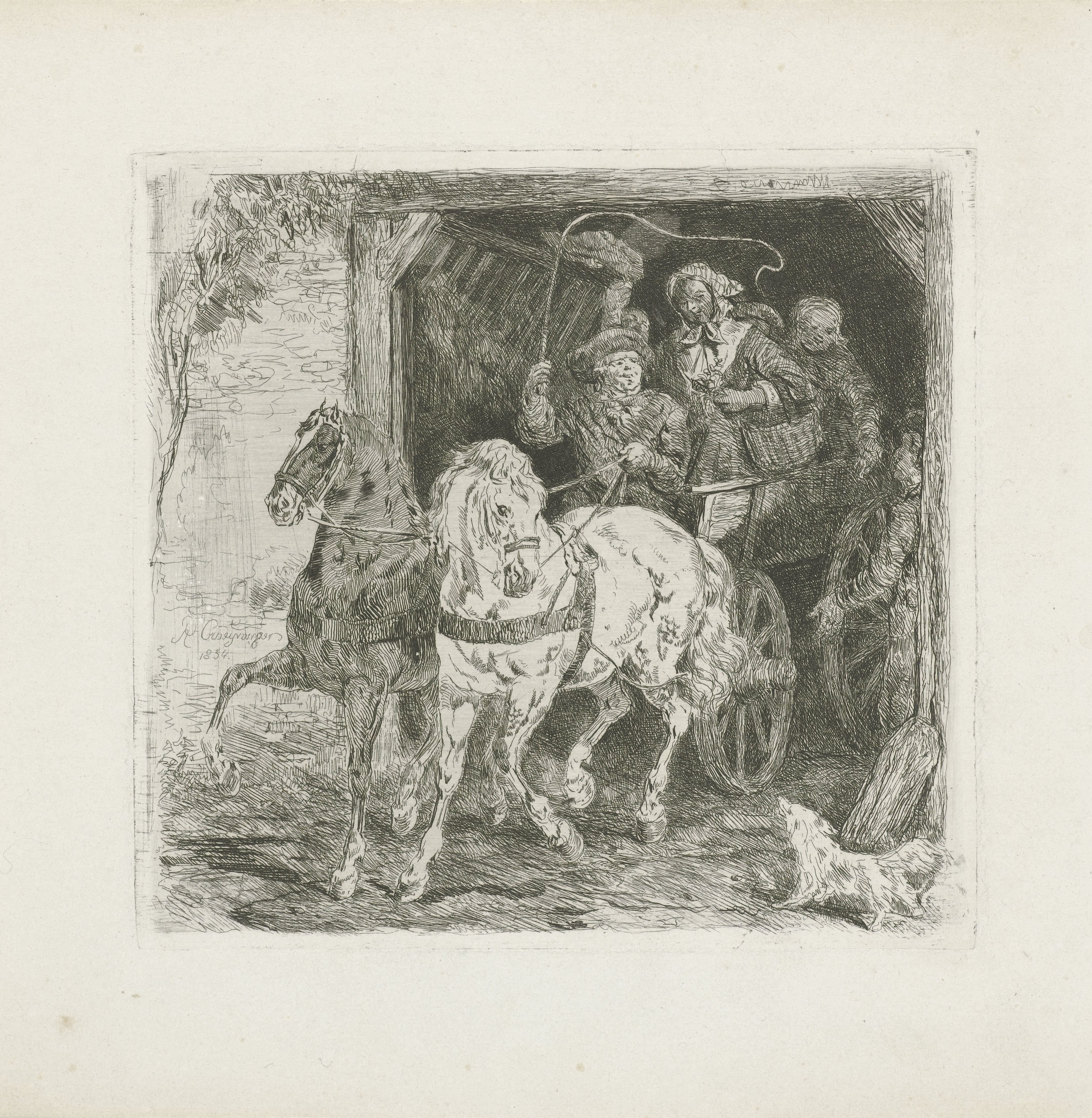 Uitrijdende wagen met boeren