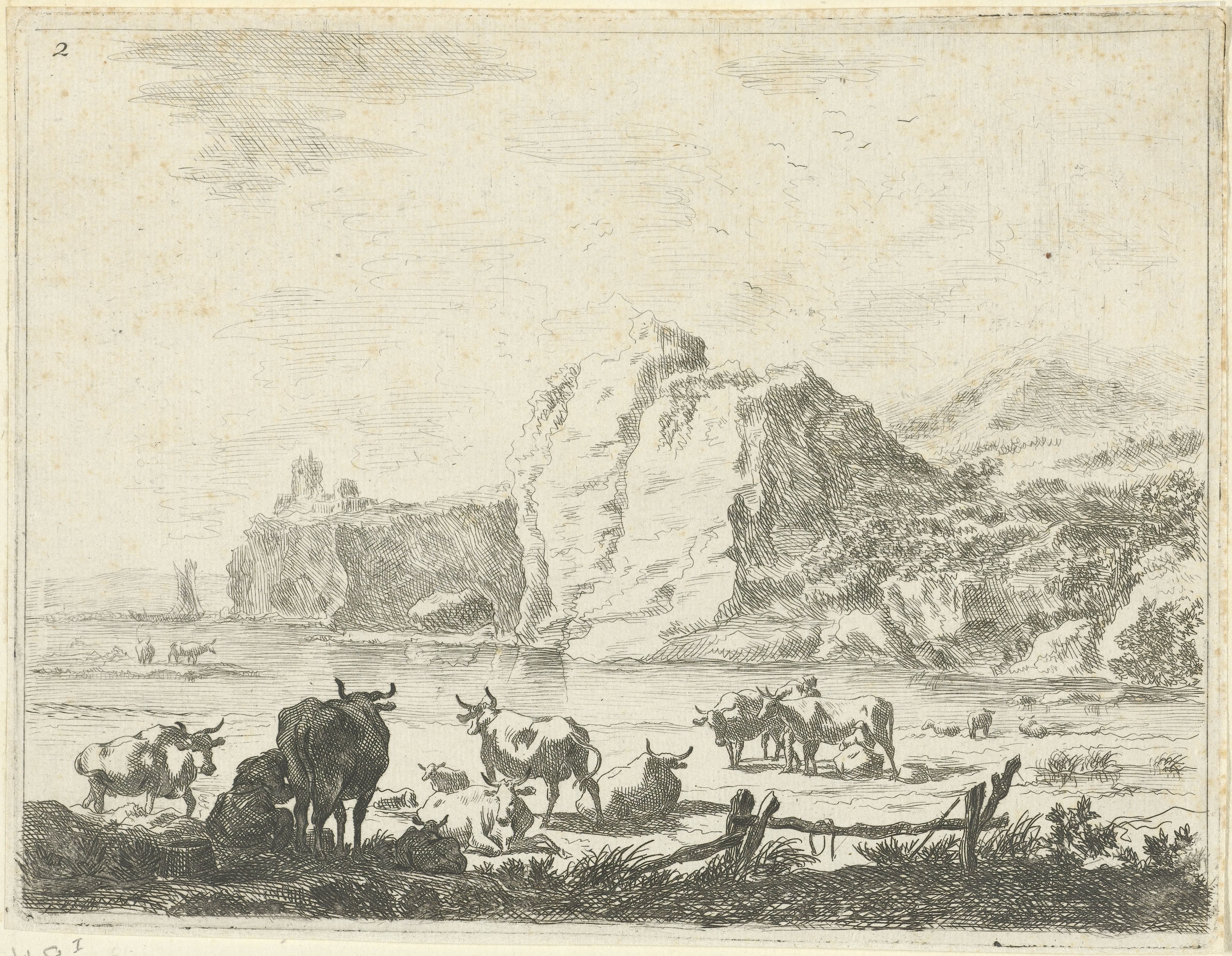 Rivierlandschap met herders en koeien