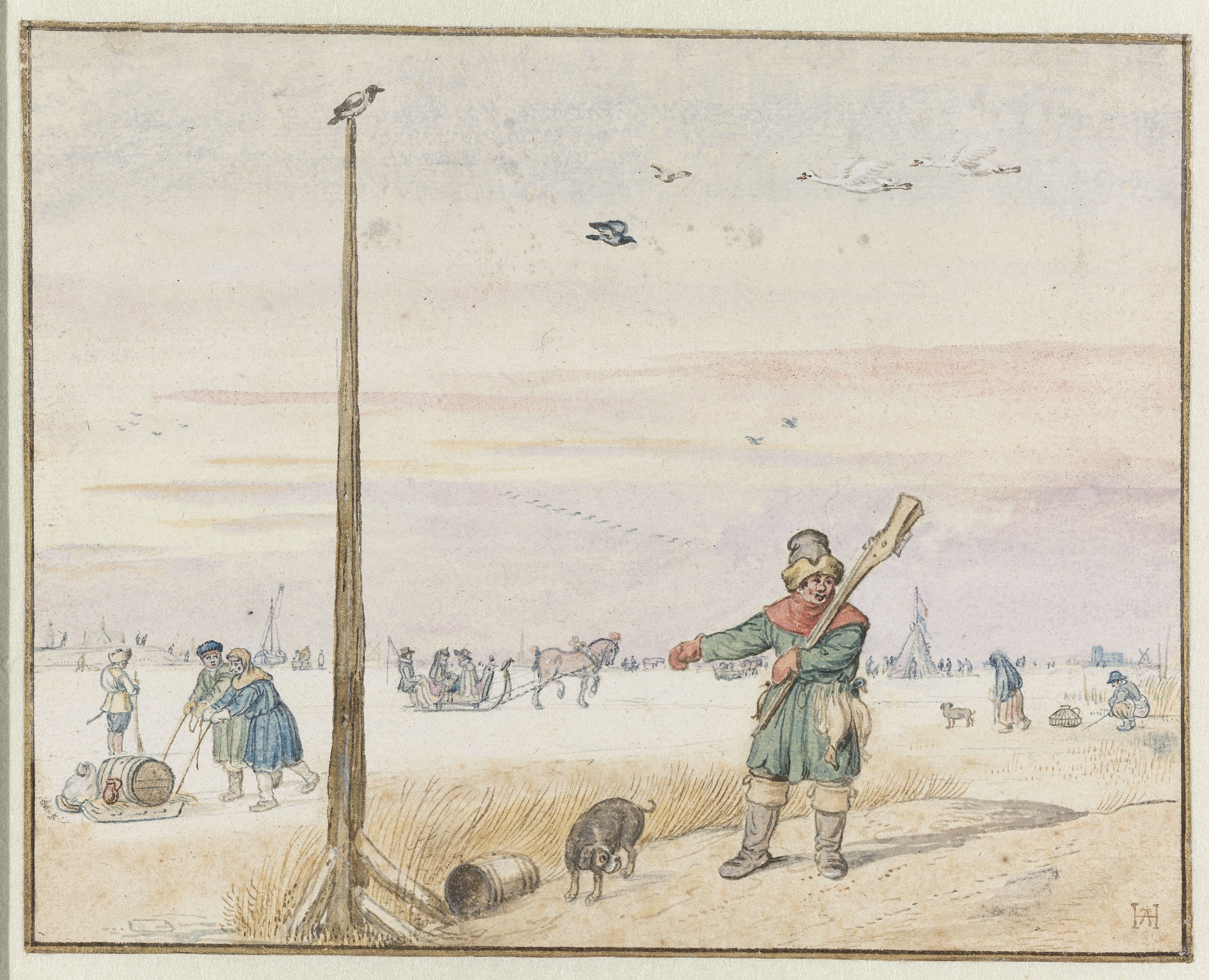 Winter Landscape with a Duck Hunter with Game in his Belt and his Gun over his Shoulder on the Bank of a Frozen River