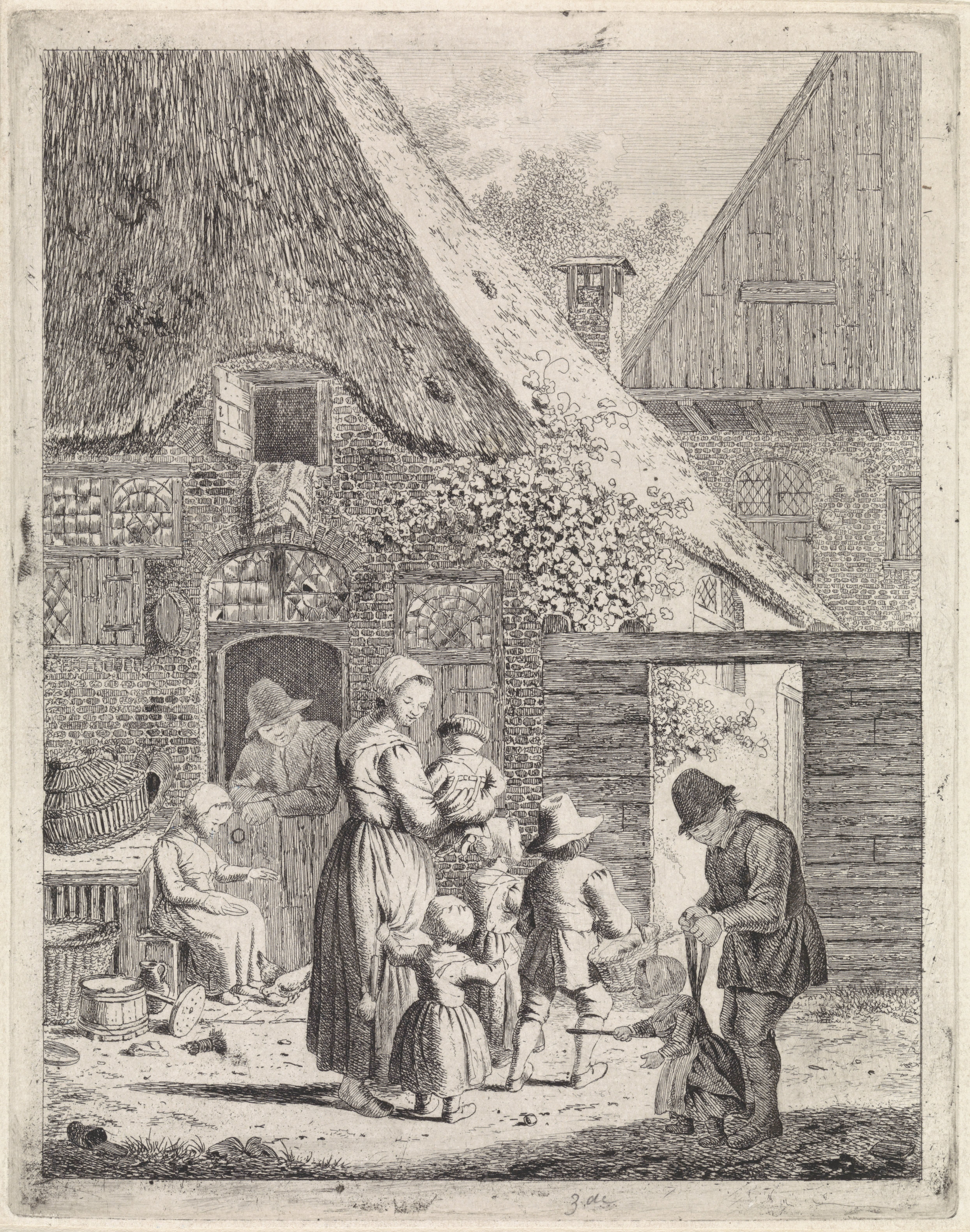 Boeren en kinderen bij boerderij