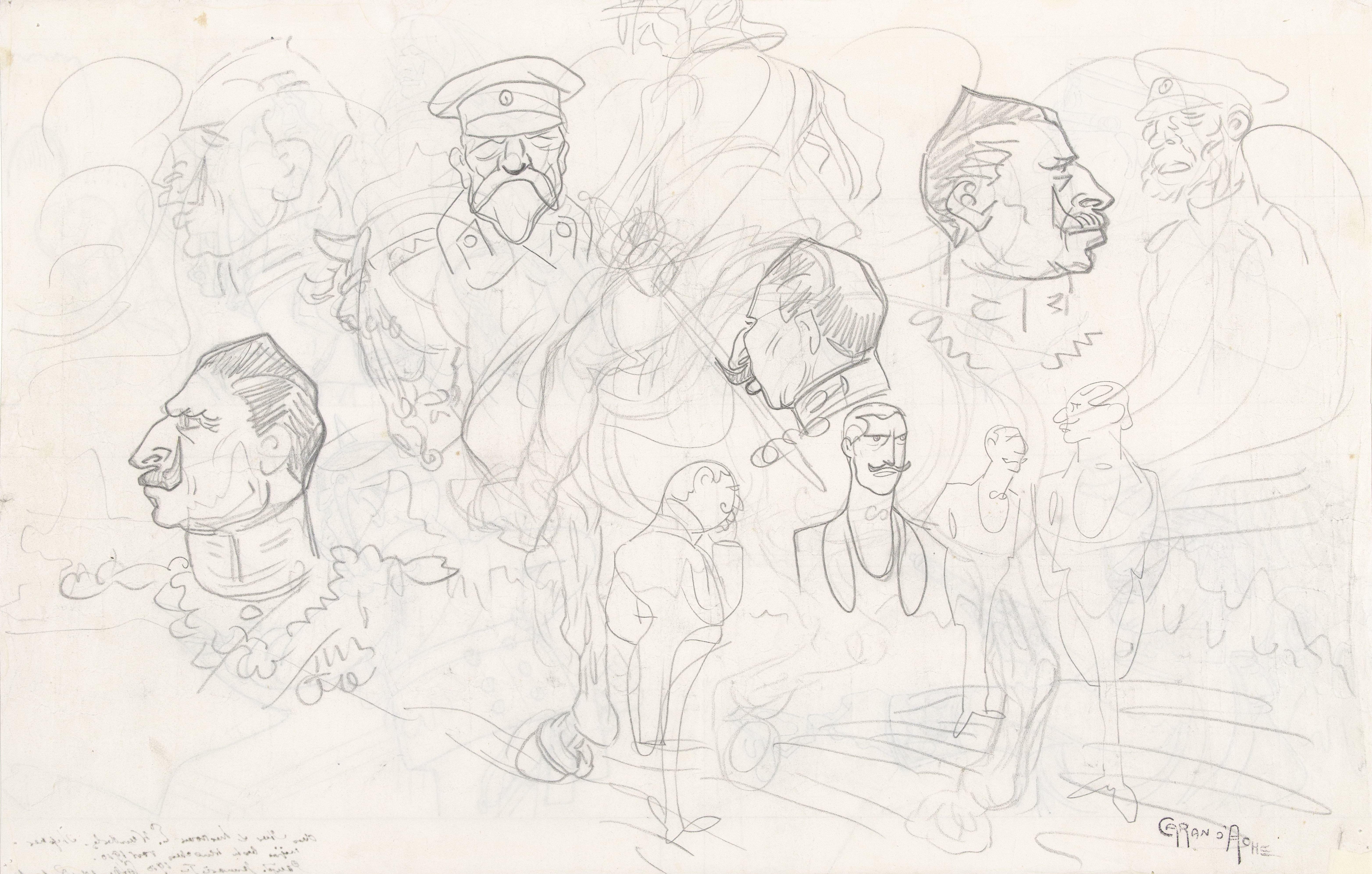 Schetsblad met vele figuren