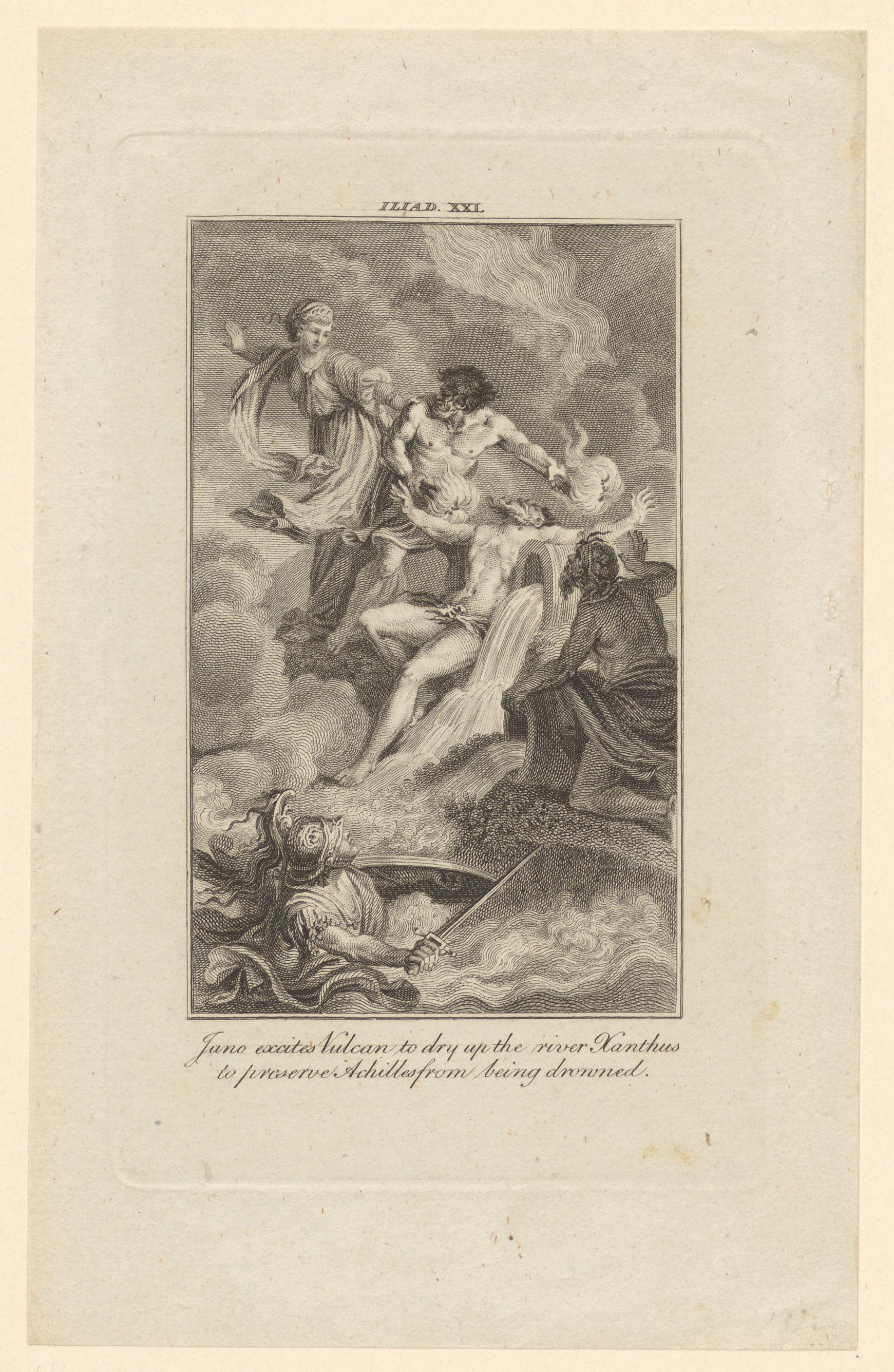 Juno spoort Vulcanus aan de rivier Xanthus op te drogen