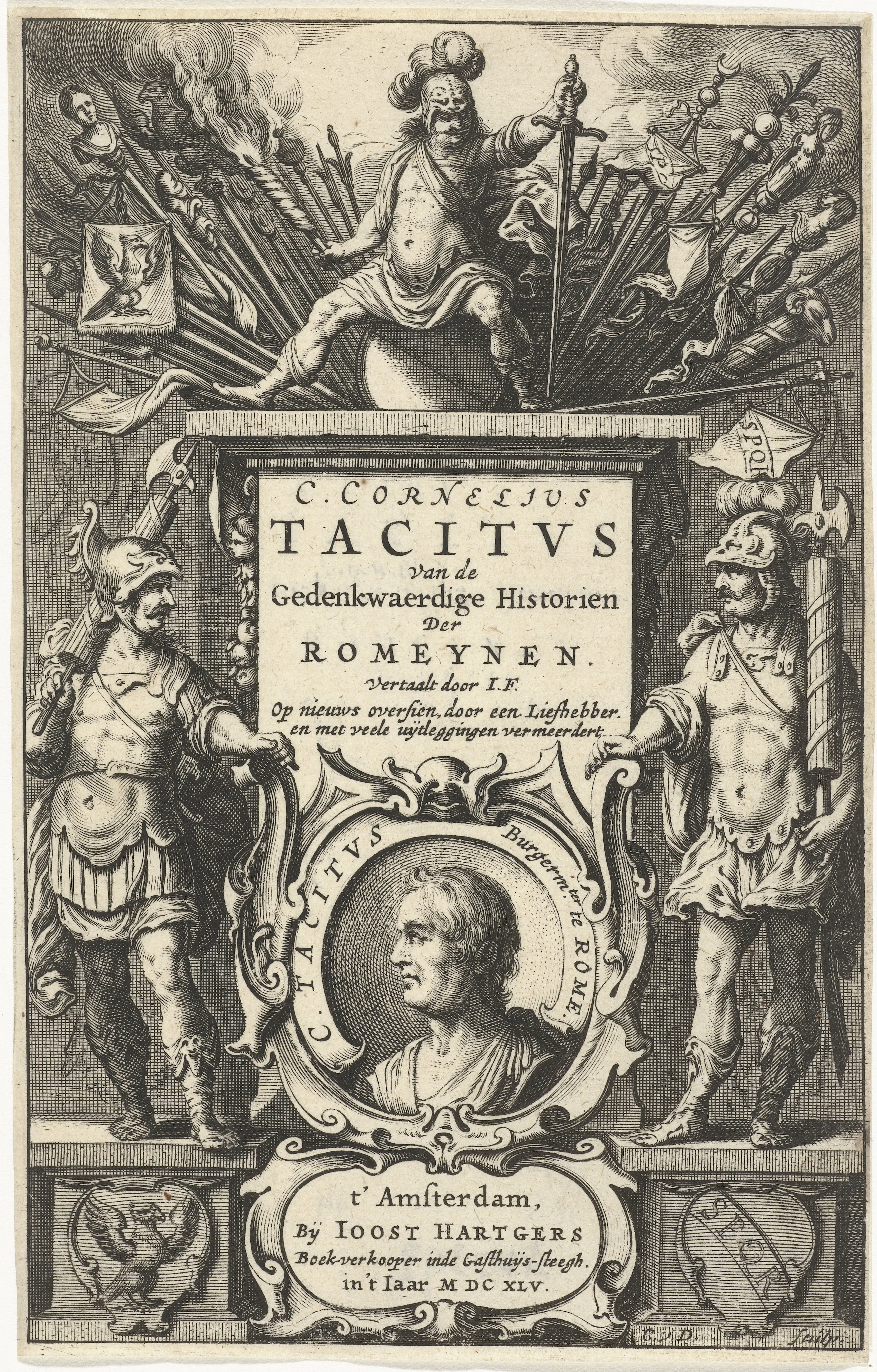 God Mars troont op zuil met oorlogsbuit en portret van Publius Cornelius Tacitus in cartouche geflankeerd door twee Romeinse soldaten