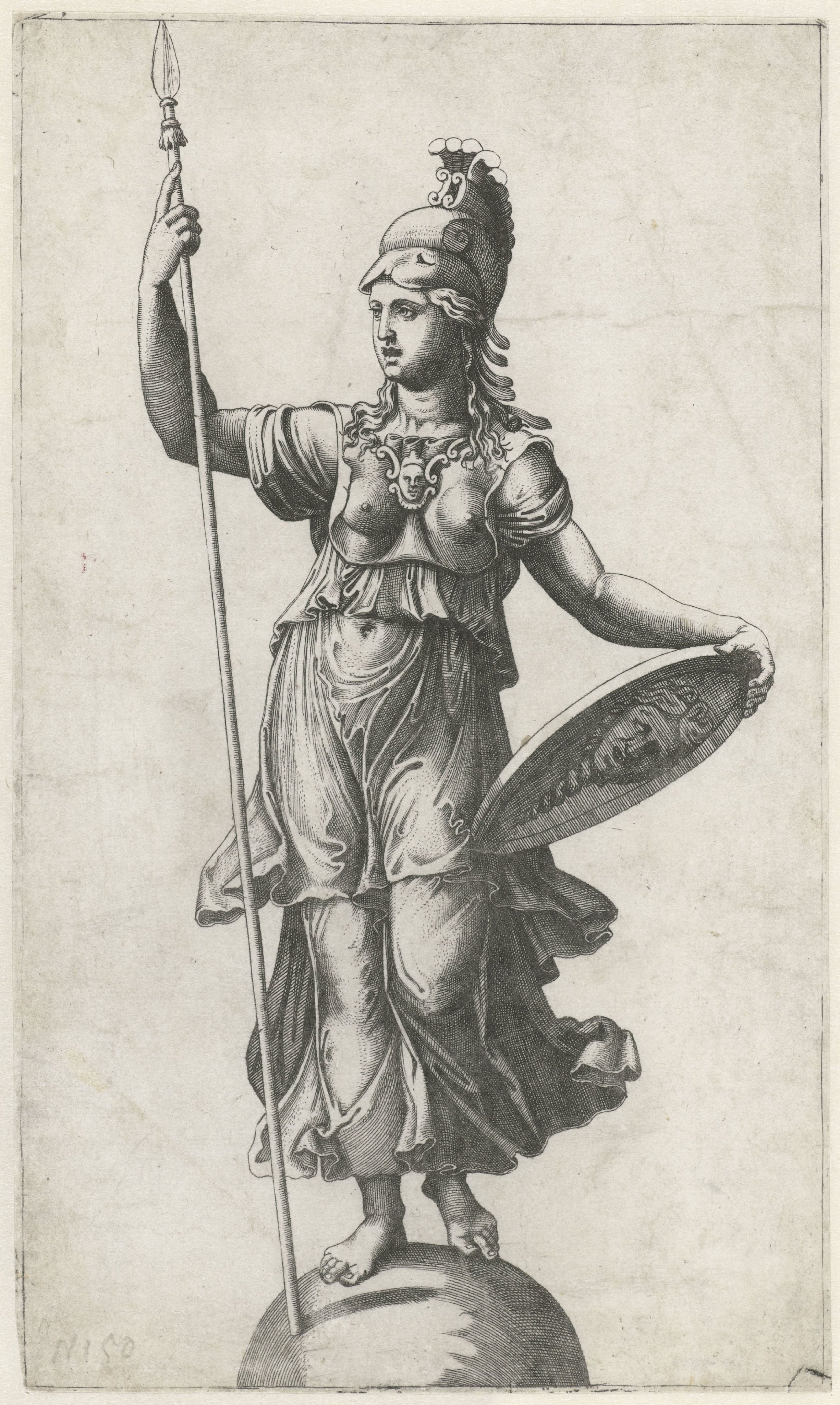Minerva (Pallas Athena) in wapenrusting staand op globe
