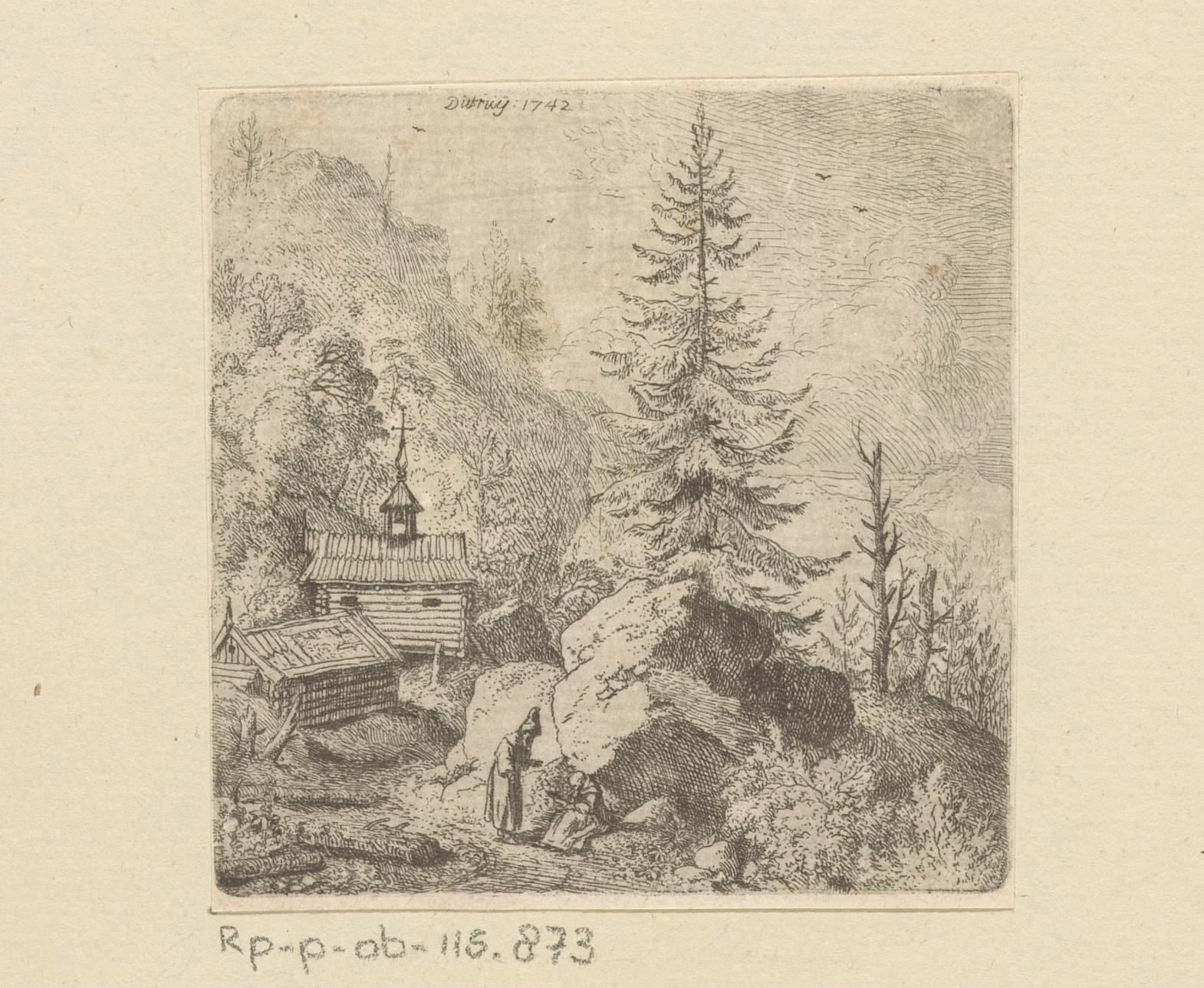 Berglandschap met spar en kerk