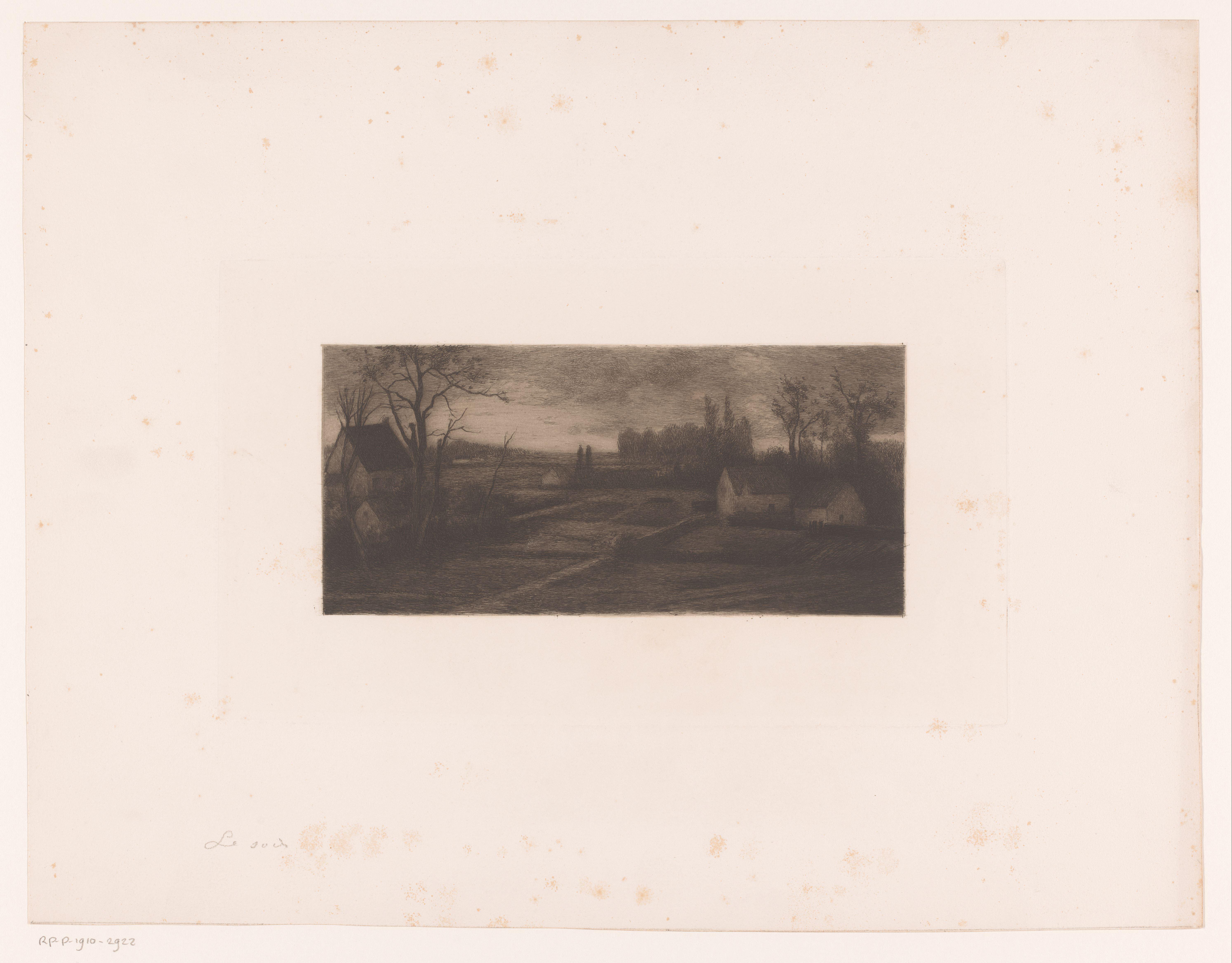 Landschap met boerderijen bij avond