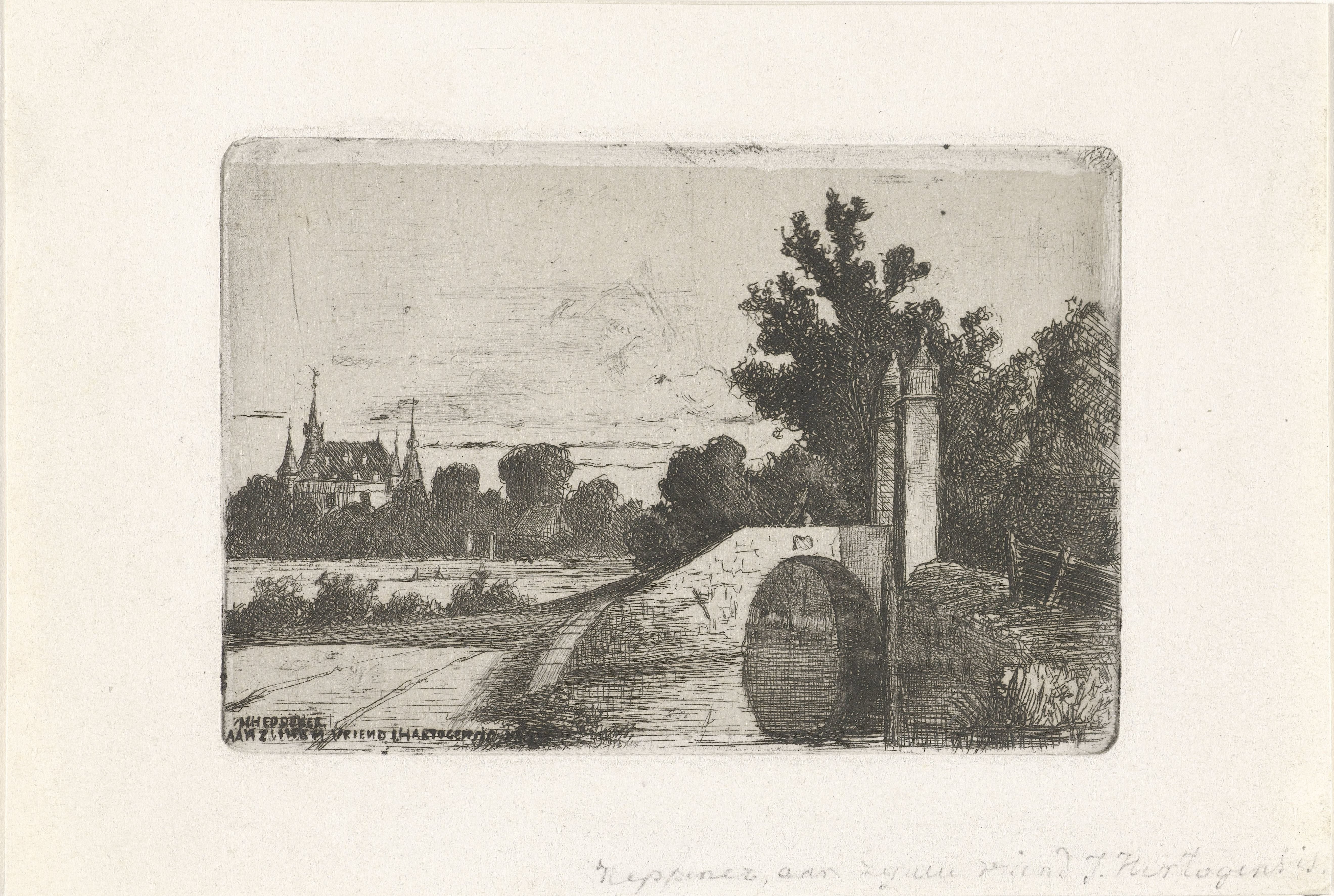 Landschap met stenen brug en kasteel