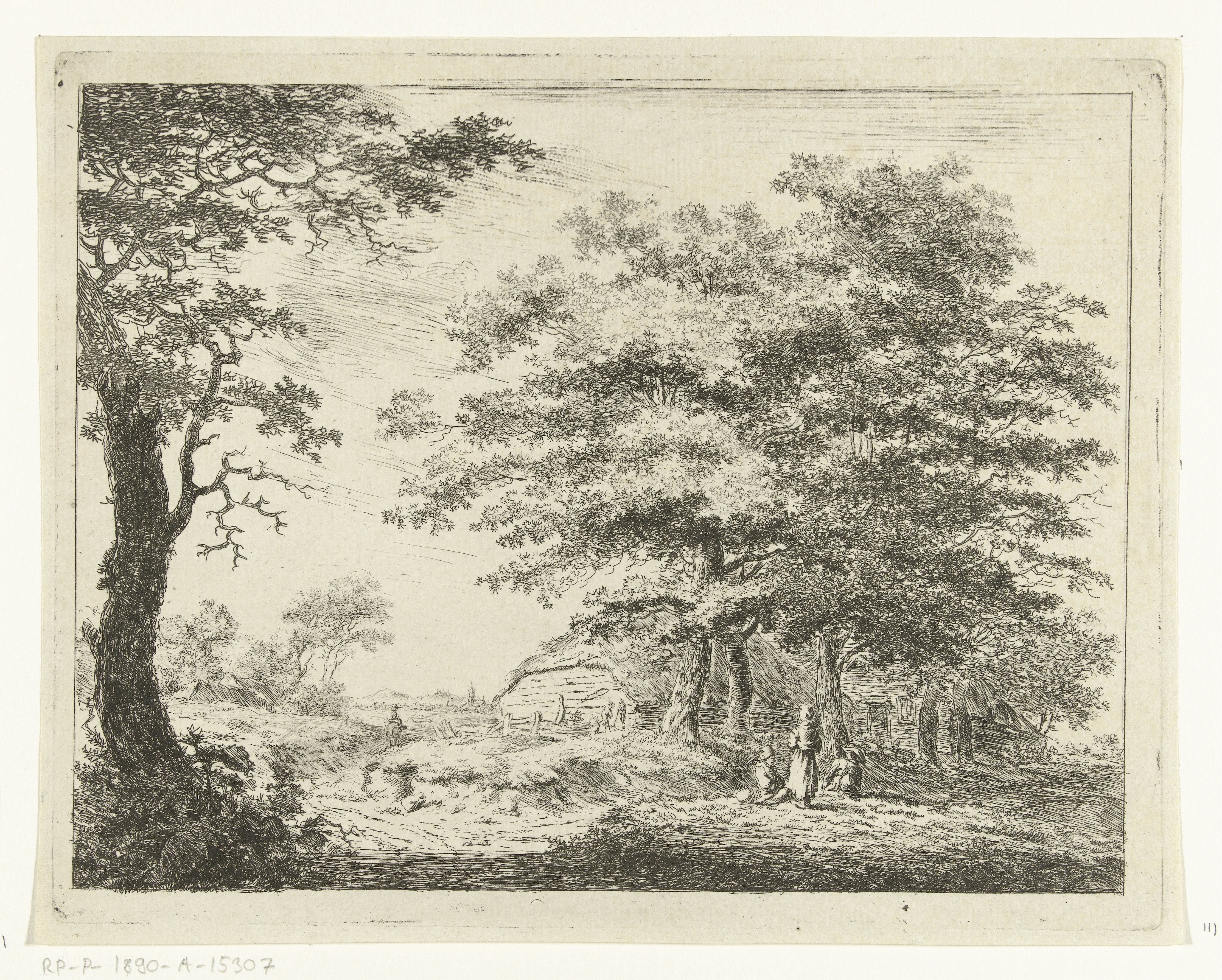 Landschap met boerderij en figuren onder bomen