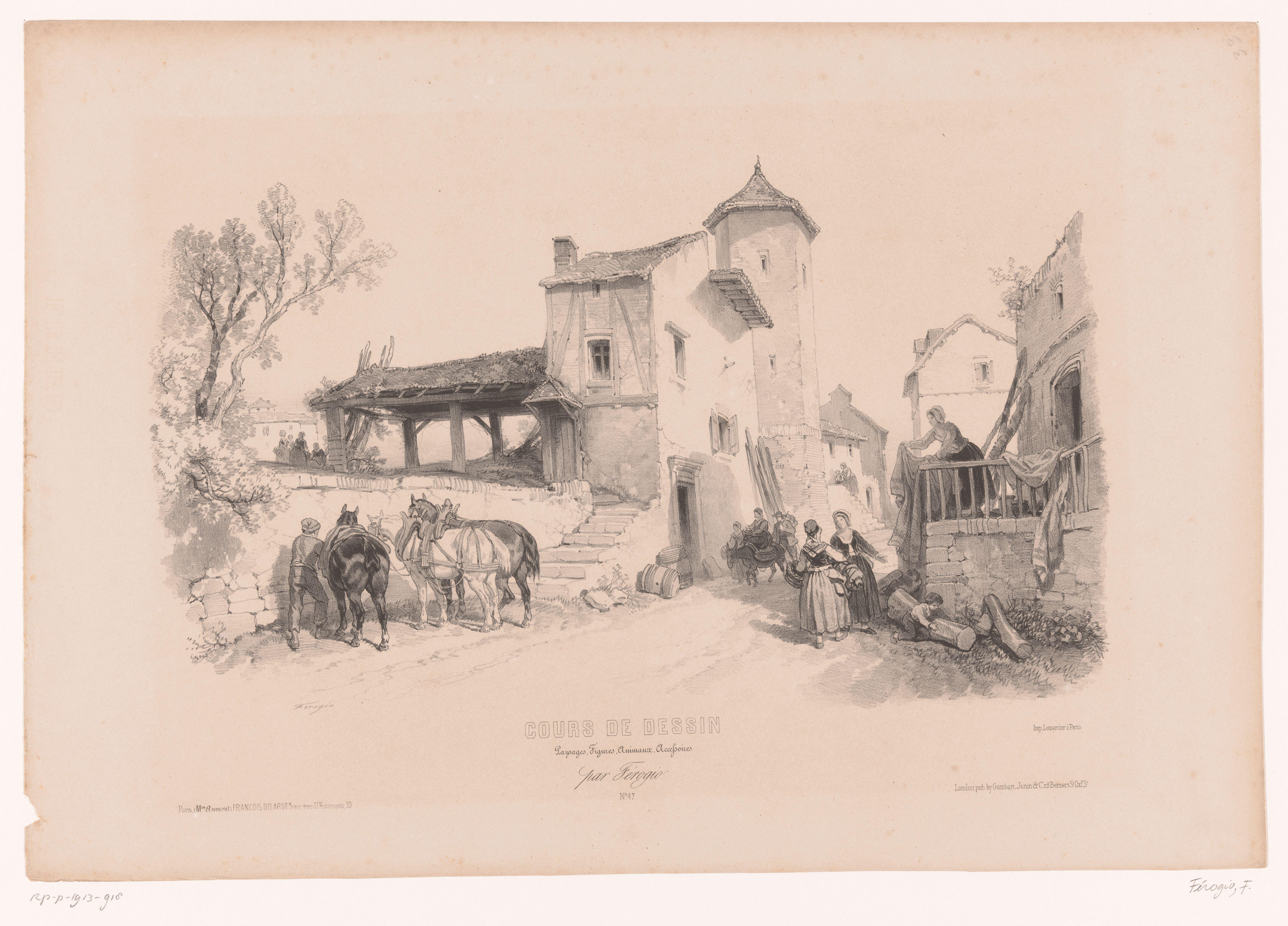 Dorpsstraat met paarden en diverse figuren