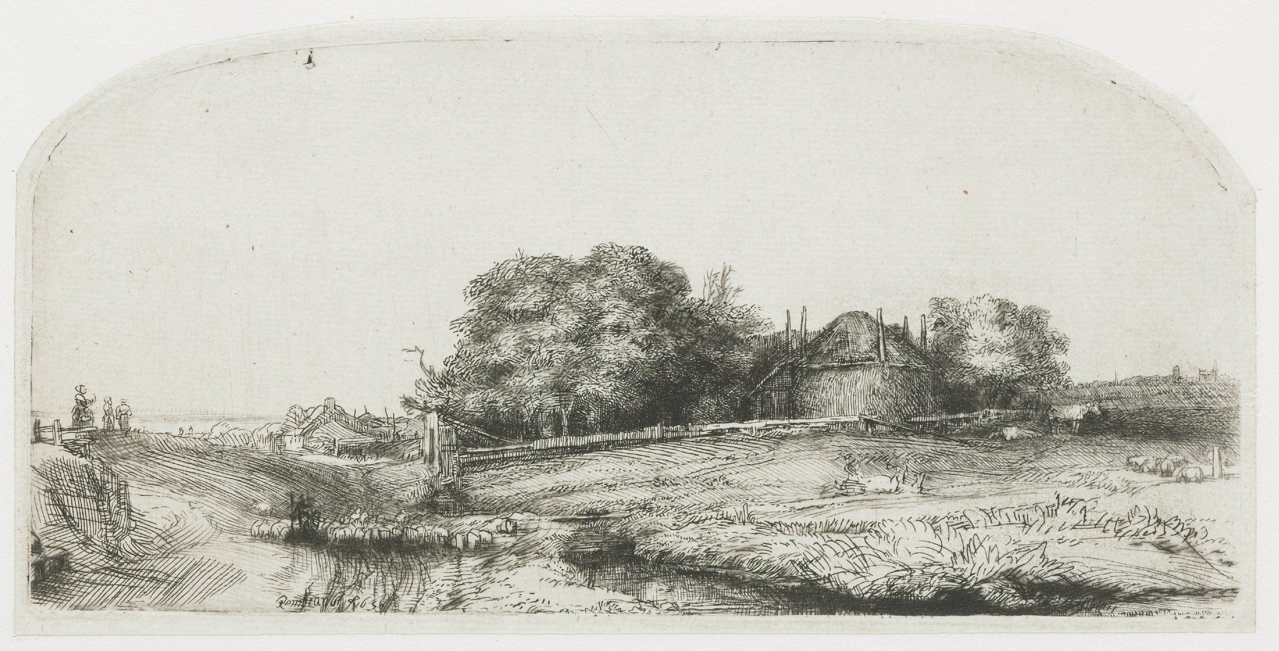 Boerenhuizen en een hooimijt aan de Diemerdijk