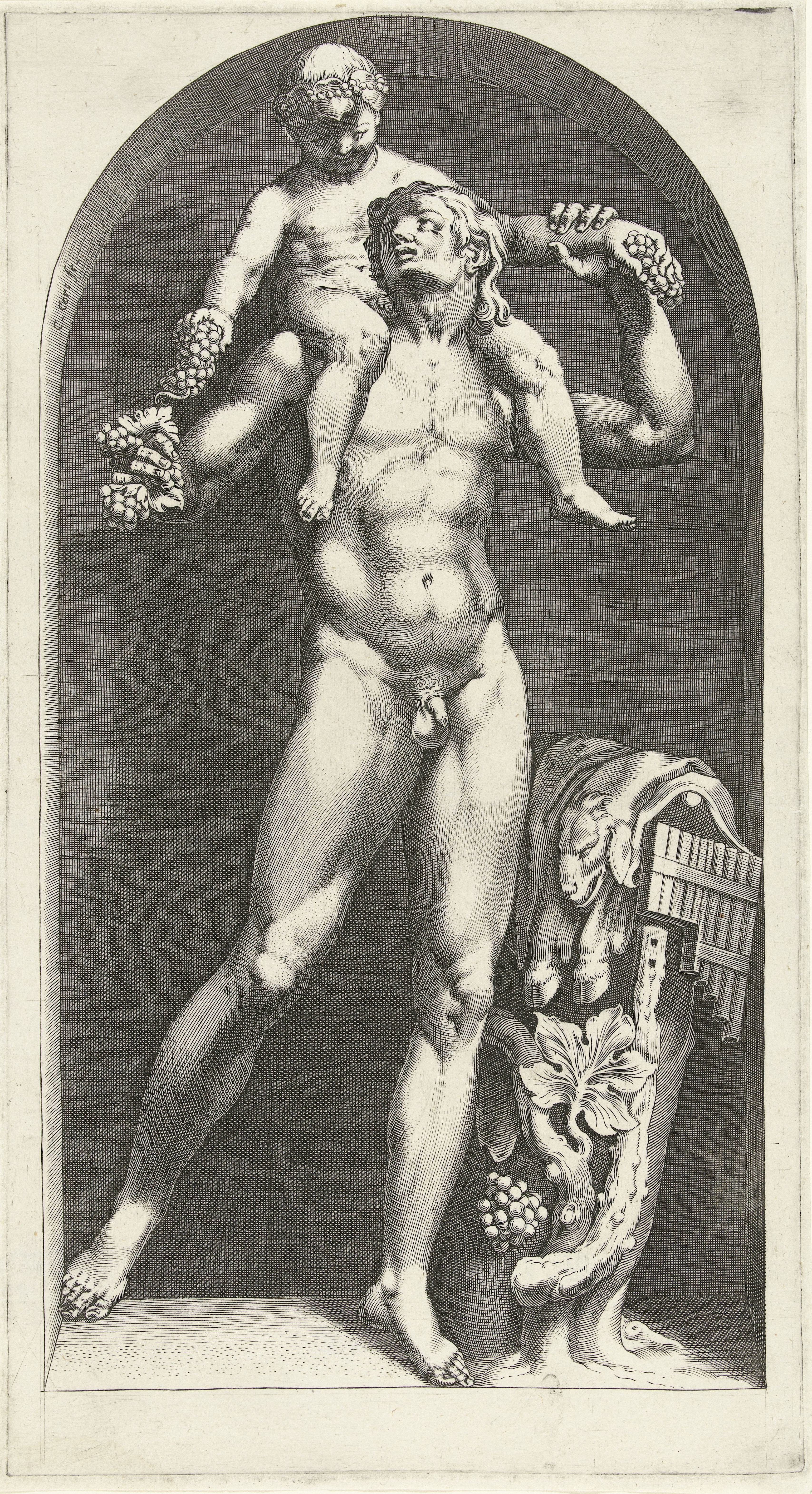 Beeld van een faun met Bacchus op zijn schouders