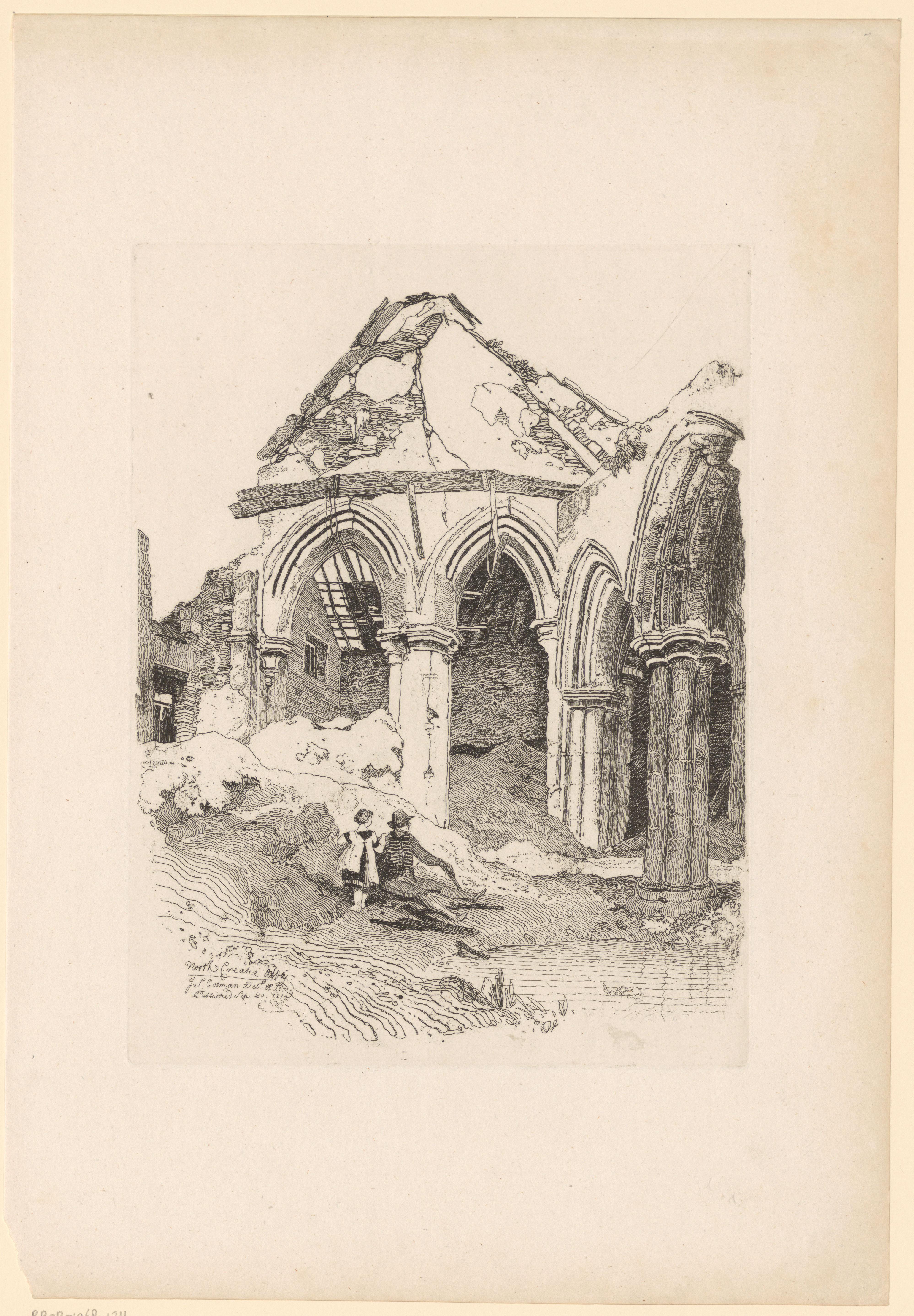 Man en kind zitten bij een water naast de ruïne van Creake Abbey in Norfolk