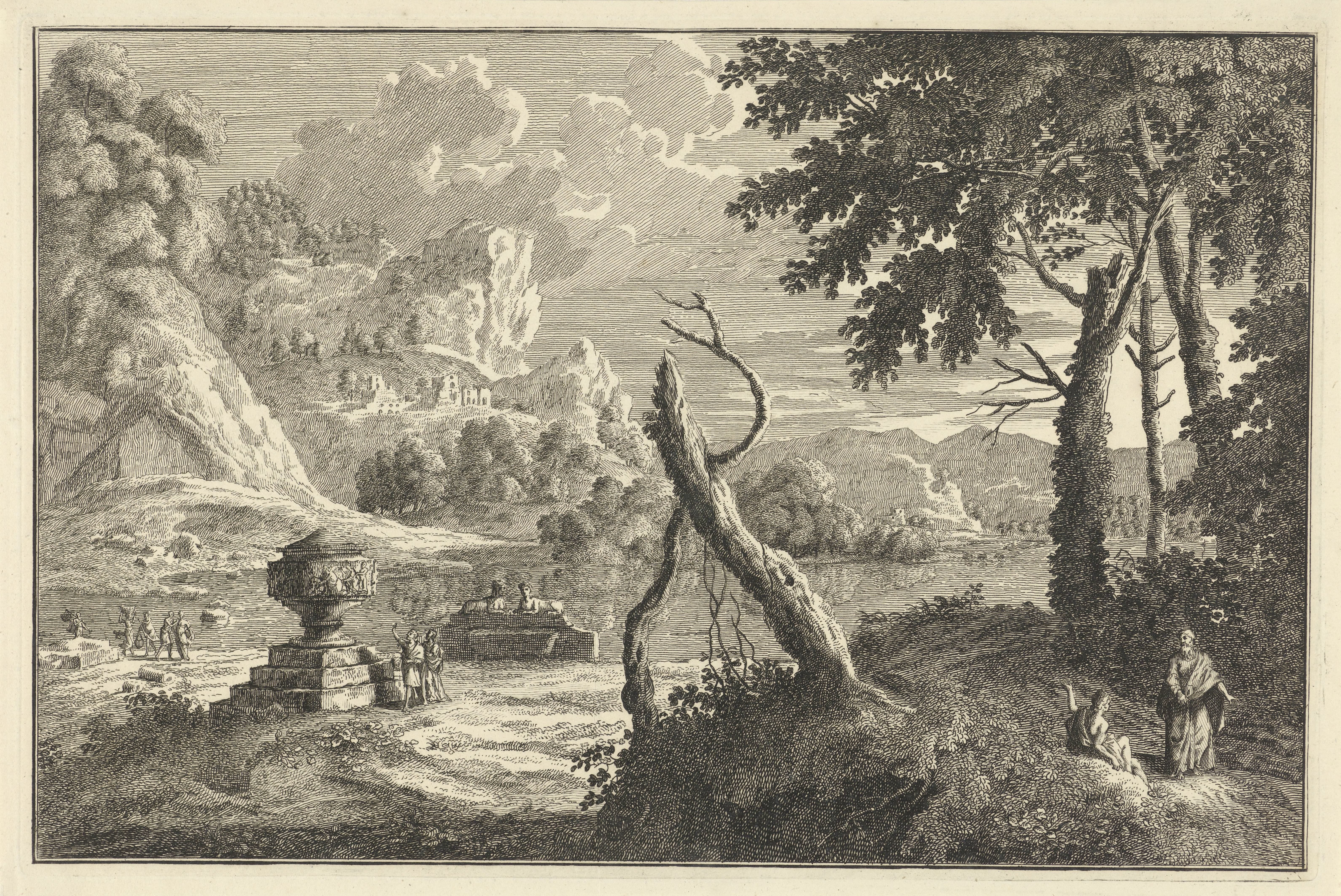 Arcadisch rivierlandschap met gebroken boom