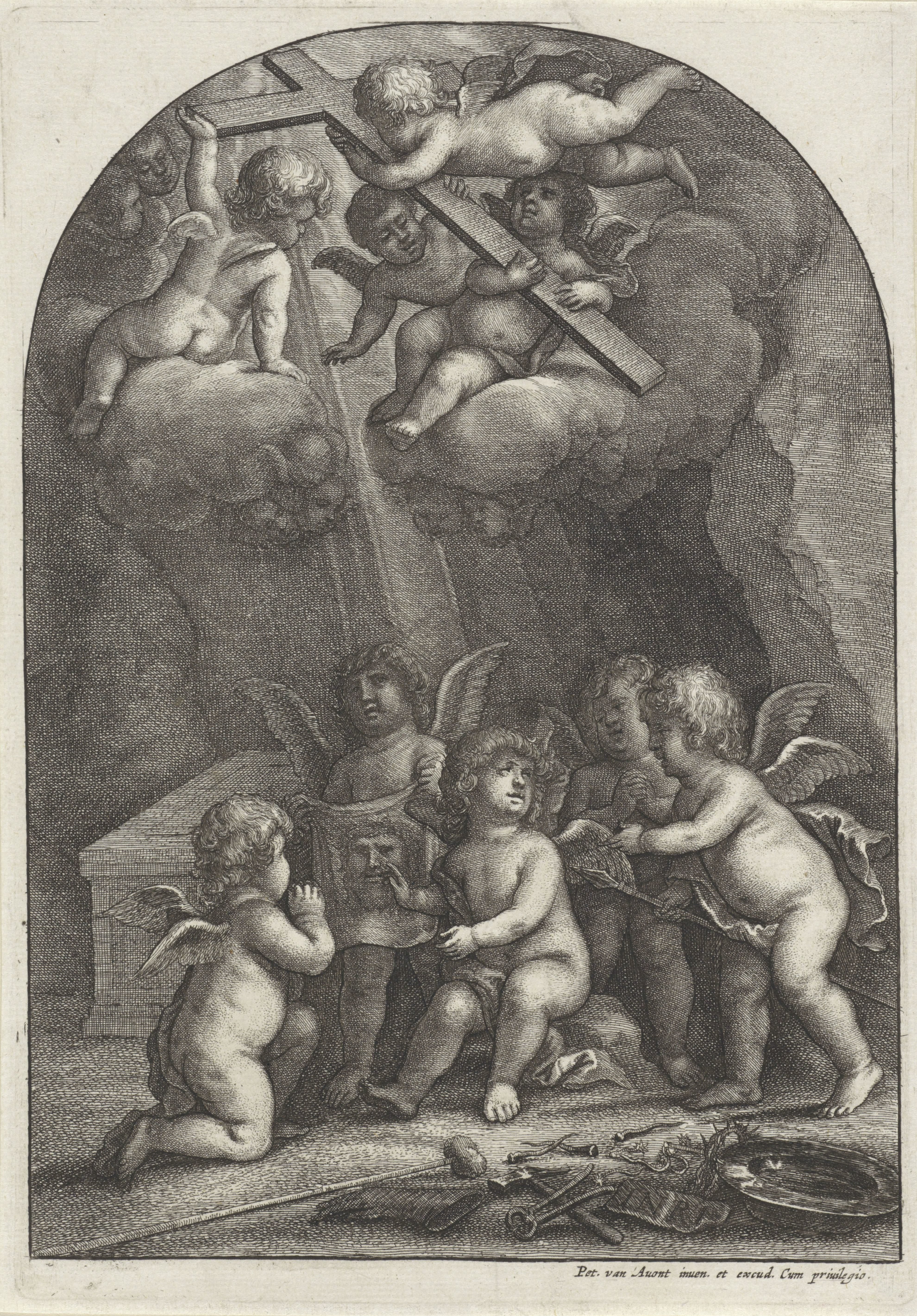 Putti met passiewerktuigen bij het graf van Christus