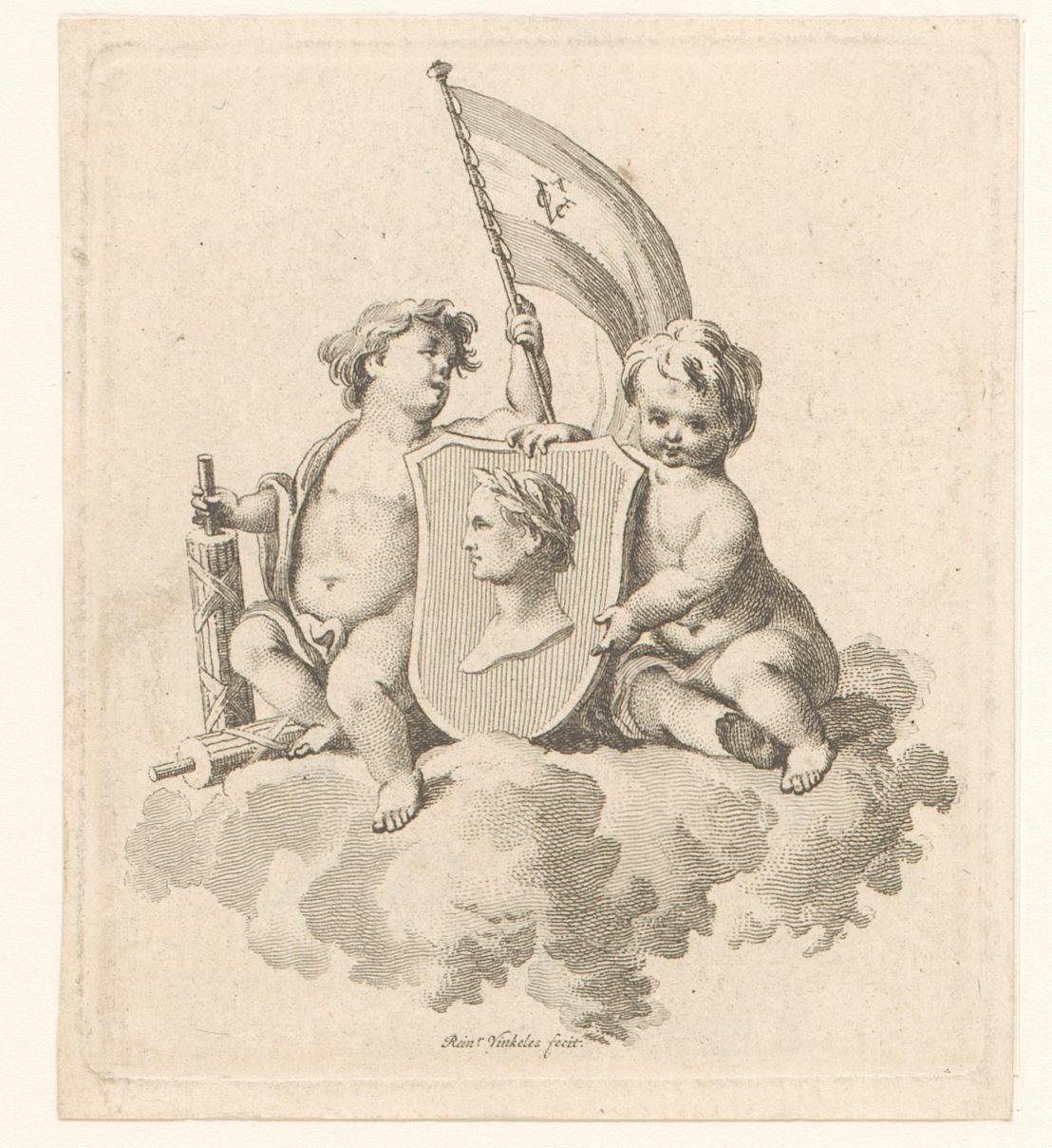 Vignet met twee putti op een wolk met VOC-vlag en wapen met portretbuste