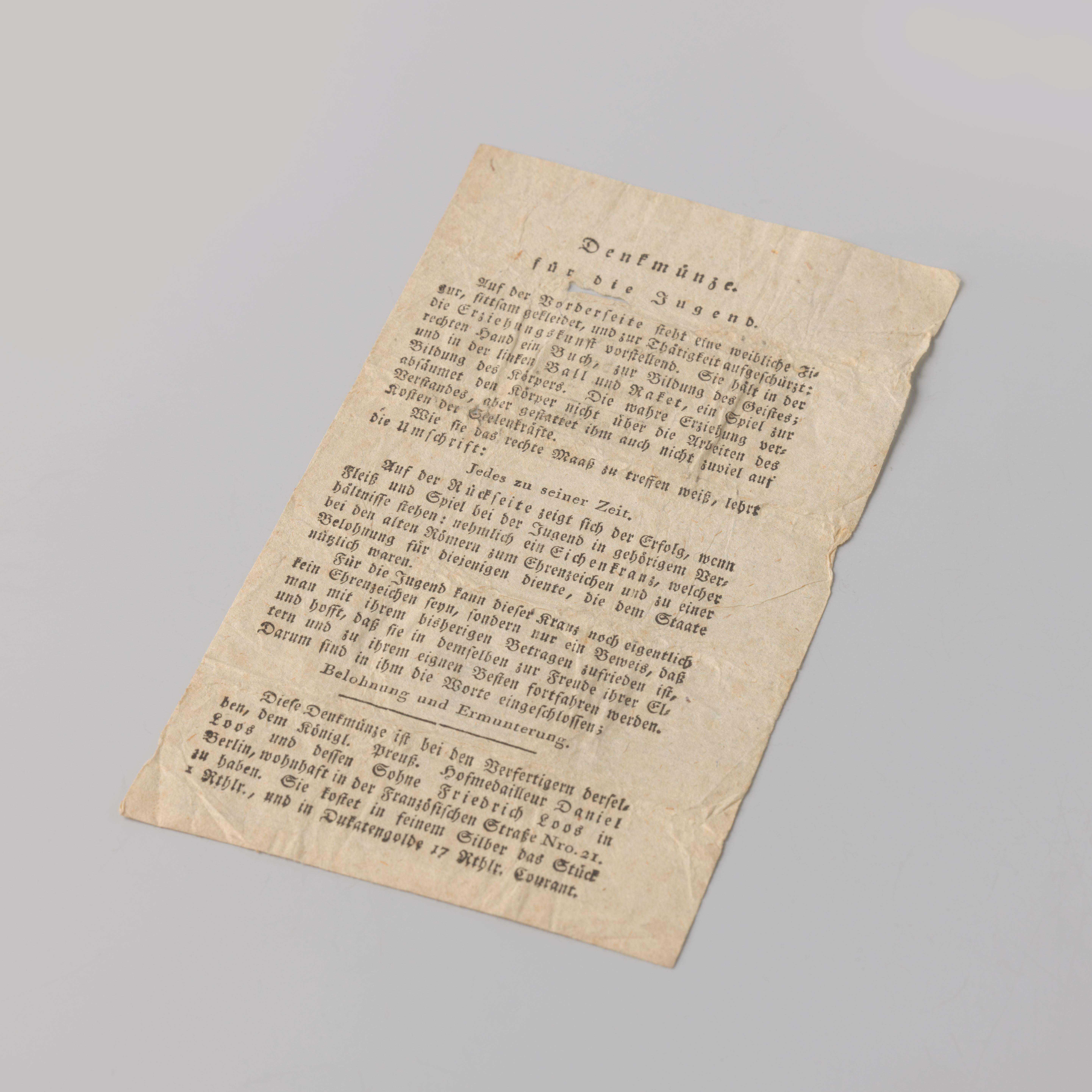 Verklaring van de penning Jedes zu seiner Zeit van de firma Loos te Berlijn