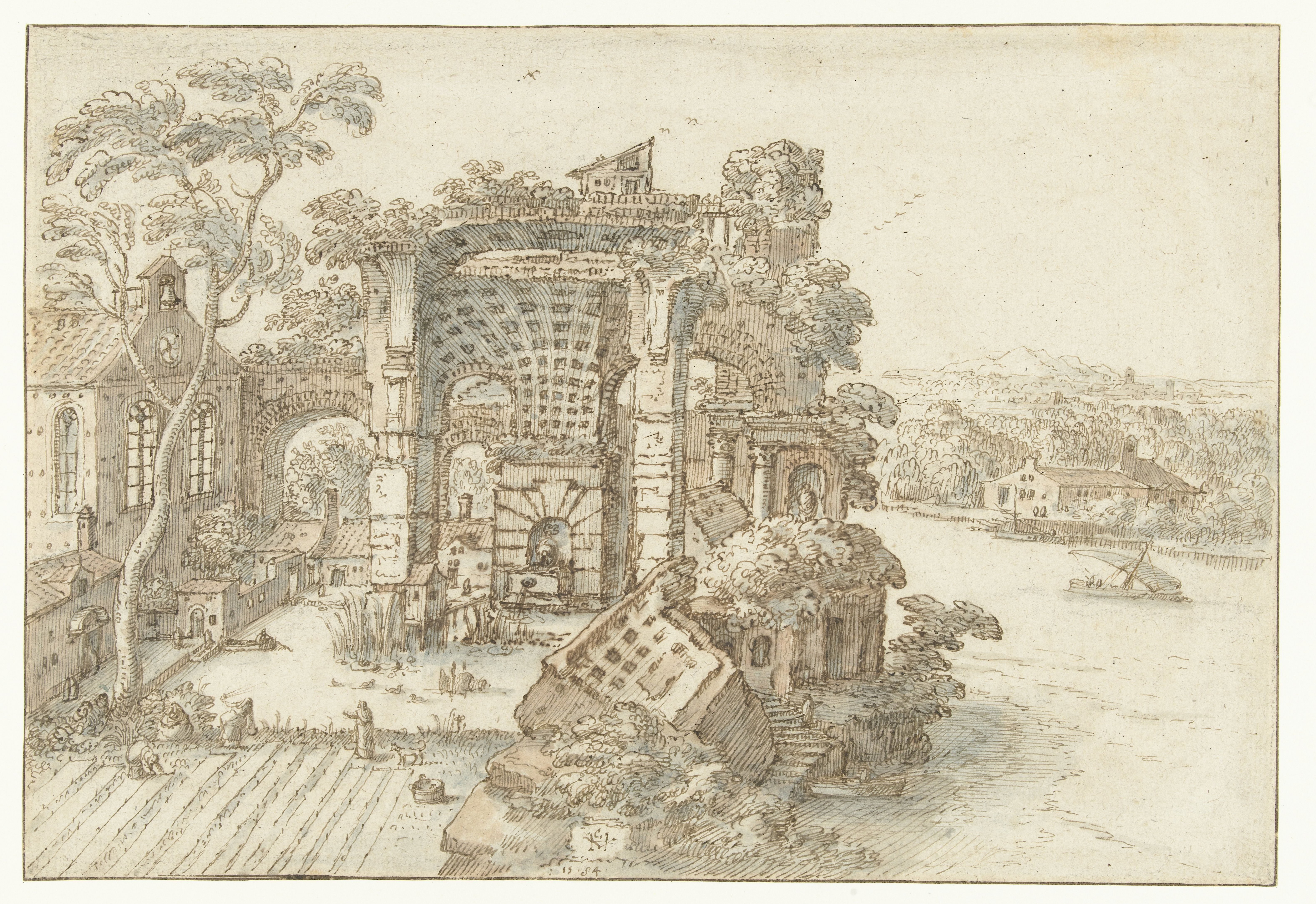 Ruïnes nabij een brede rivier