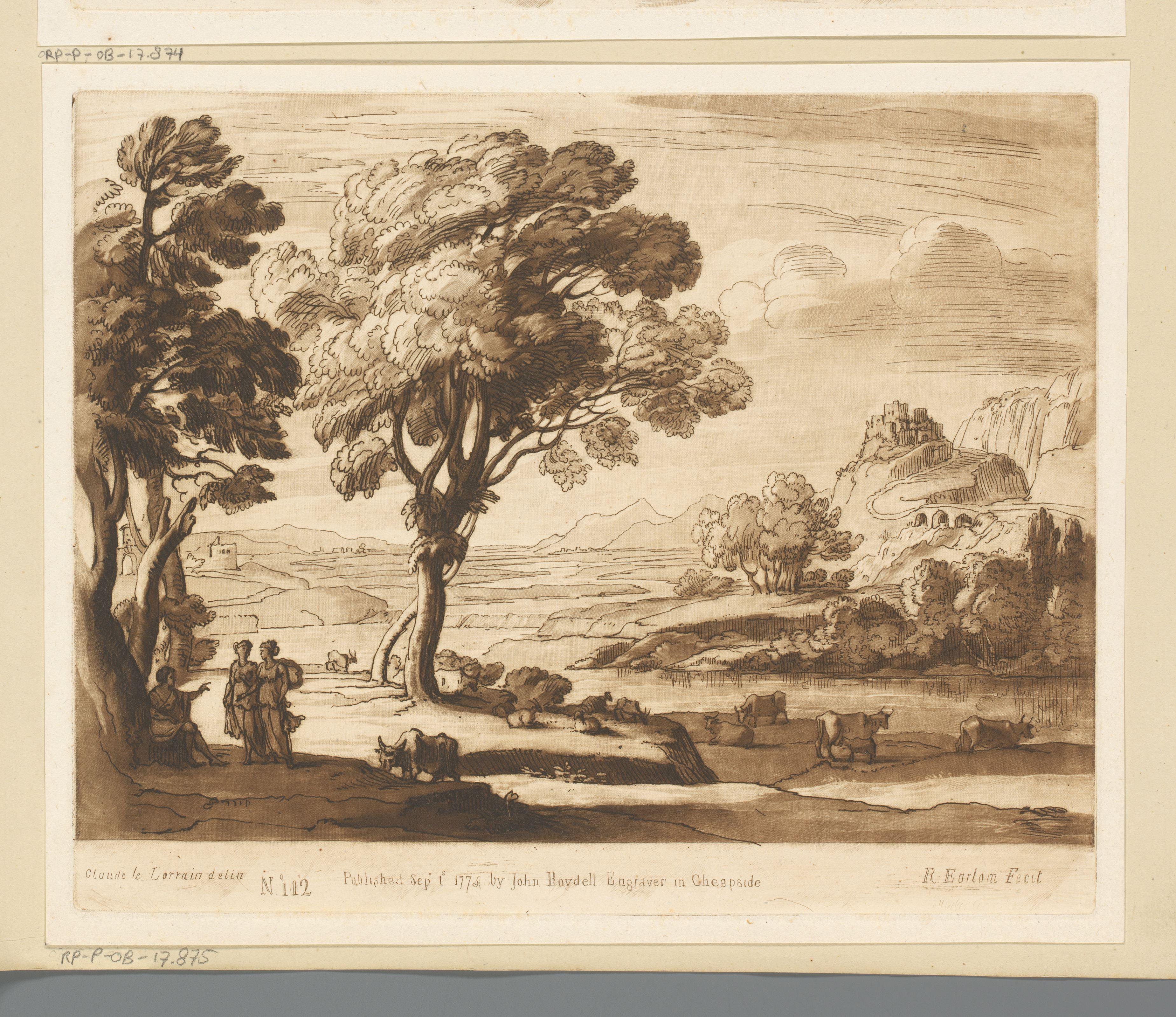 Landschap met drie figuren aan een rivieroever en kasteel op een heuvel