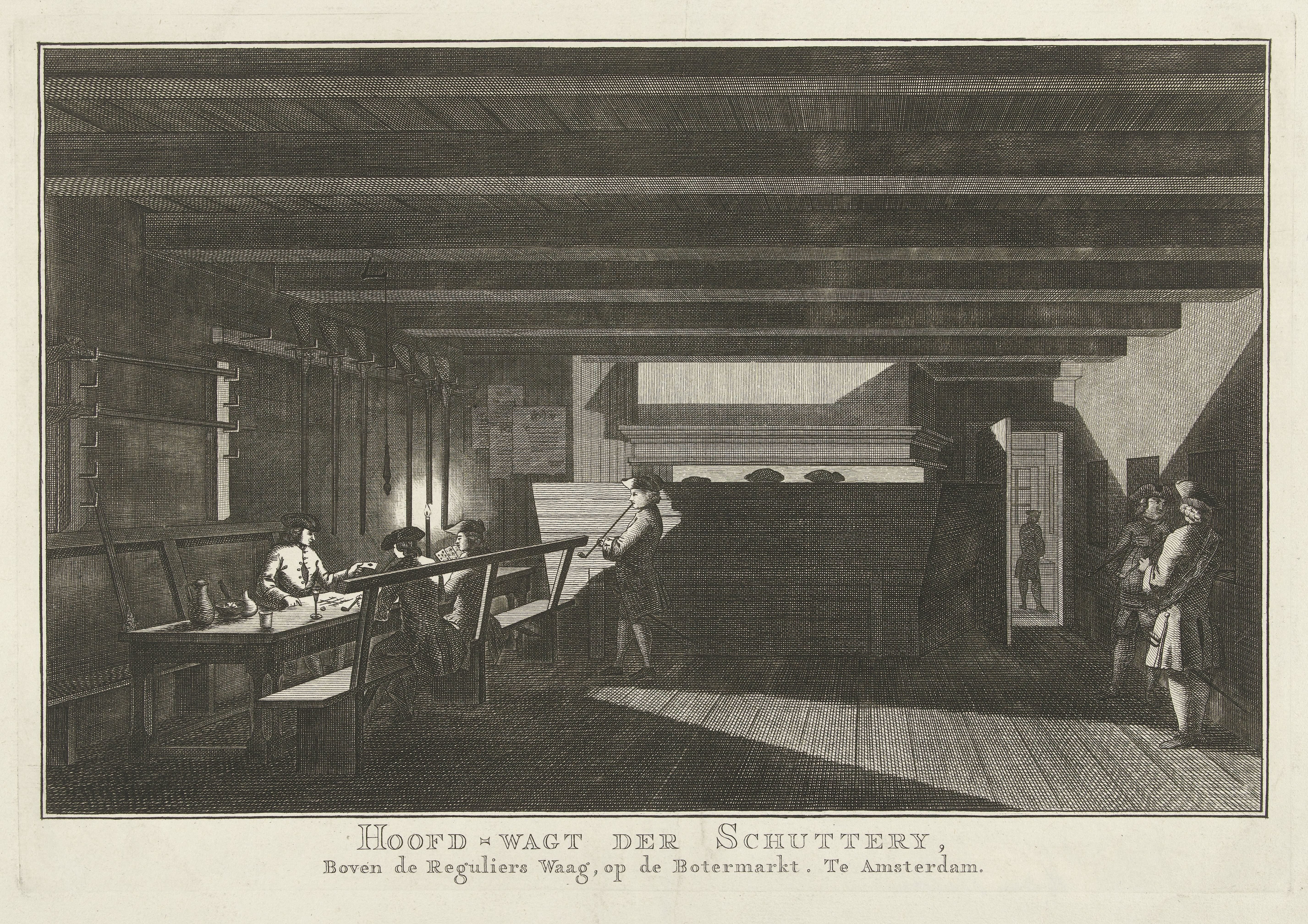 Interieur van de hoofdwacht van de schutterij op de Botermarkt te Amsterdam bij nacht