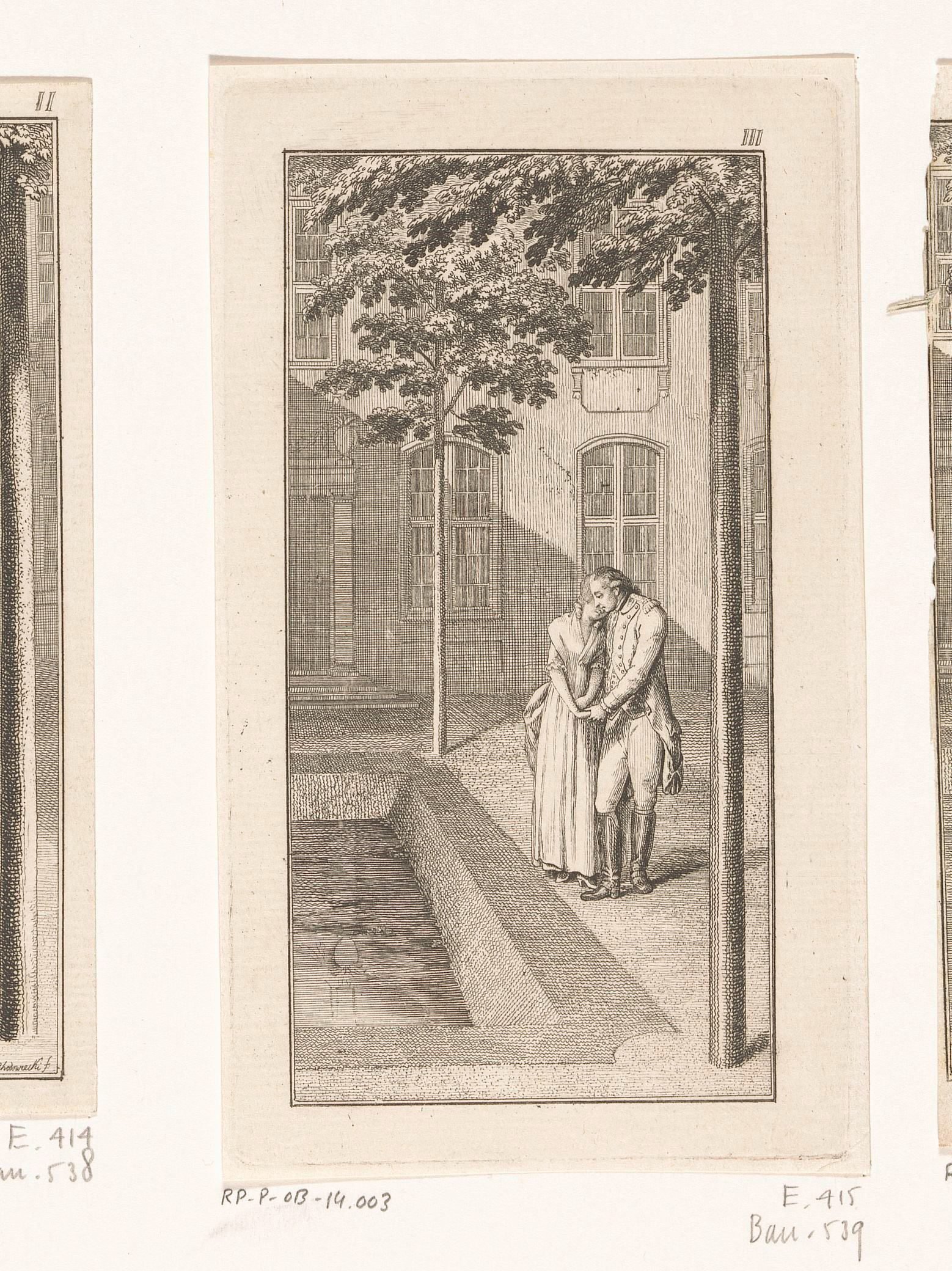 Alexander en Tinchen naast een vijver op een binnenplaats