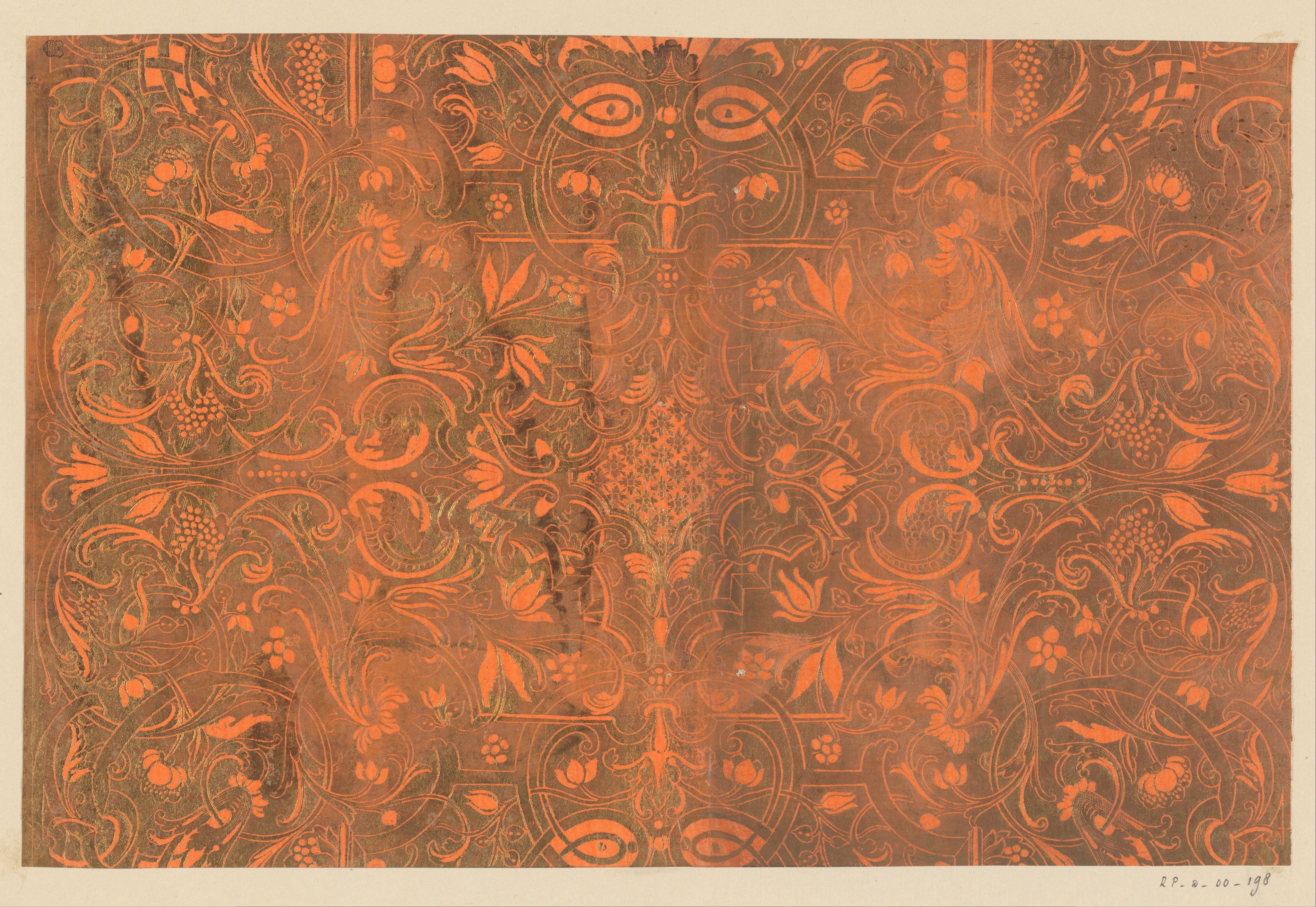 Blad met Lodewijk XIV-ornament, ranken met bloemen
