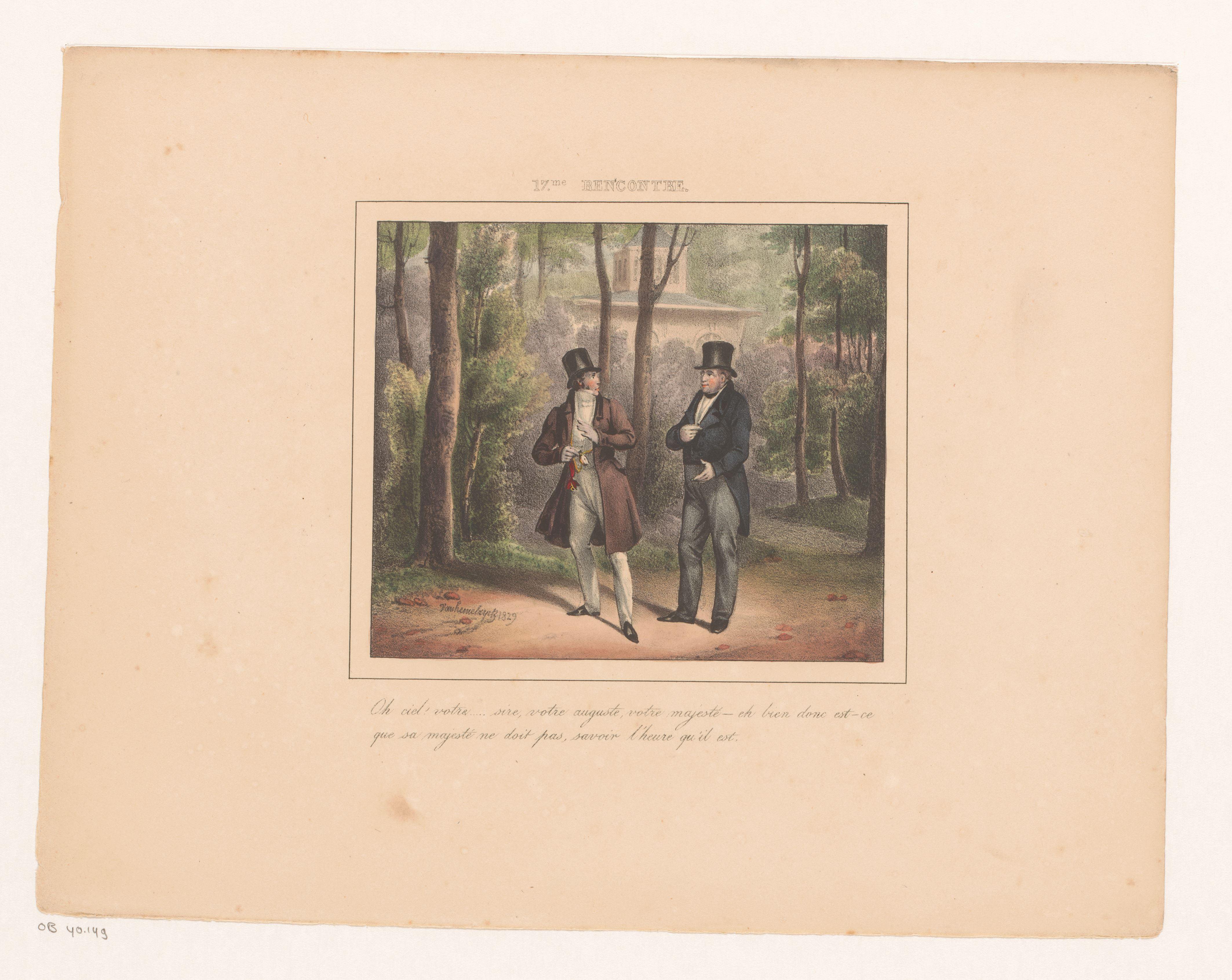 Koning Willem I vraagt een wandelaar de tijd, 1829
