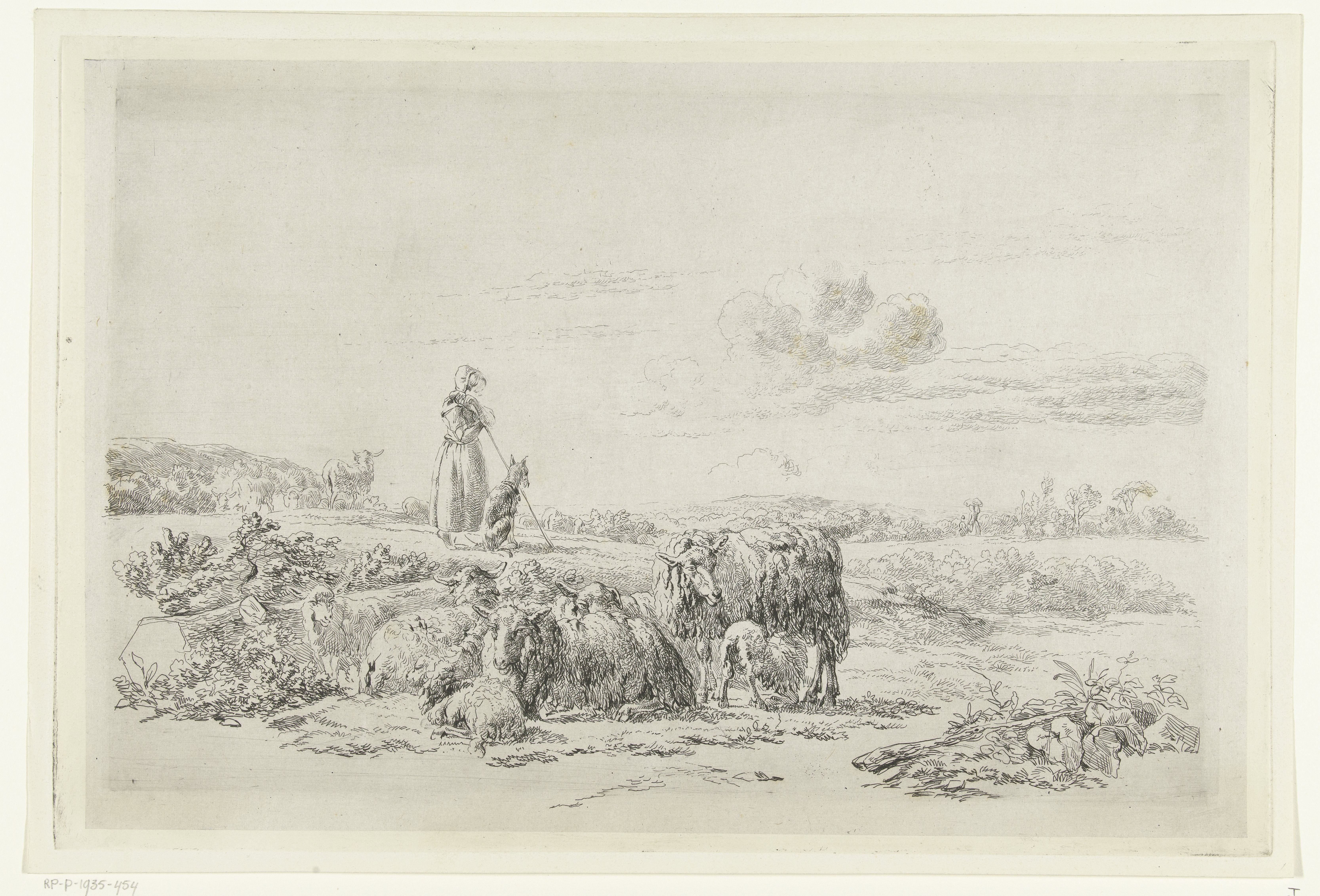 Landschap met herderin en hond bij kudde schapen