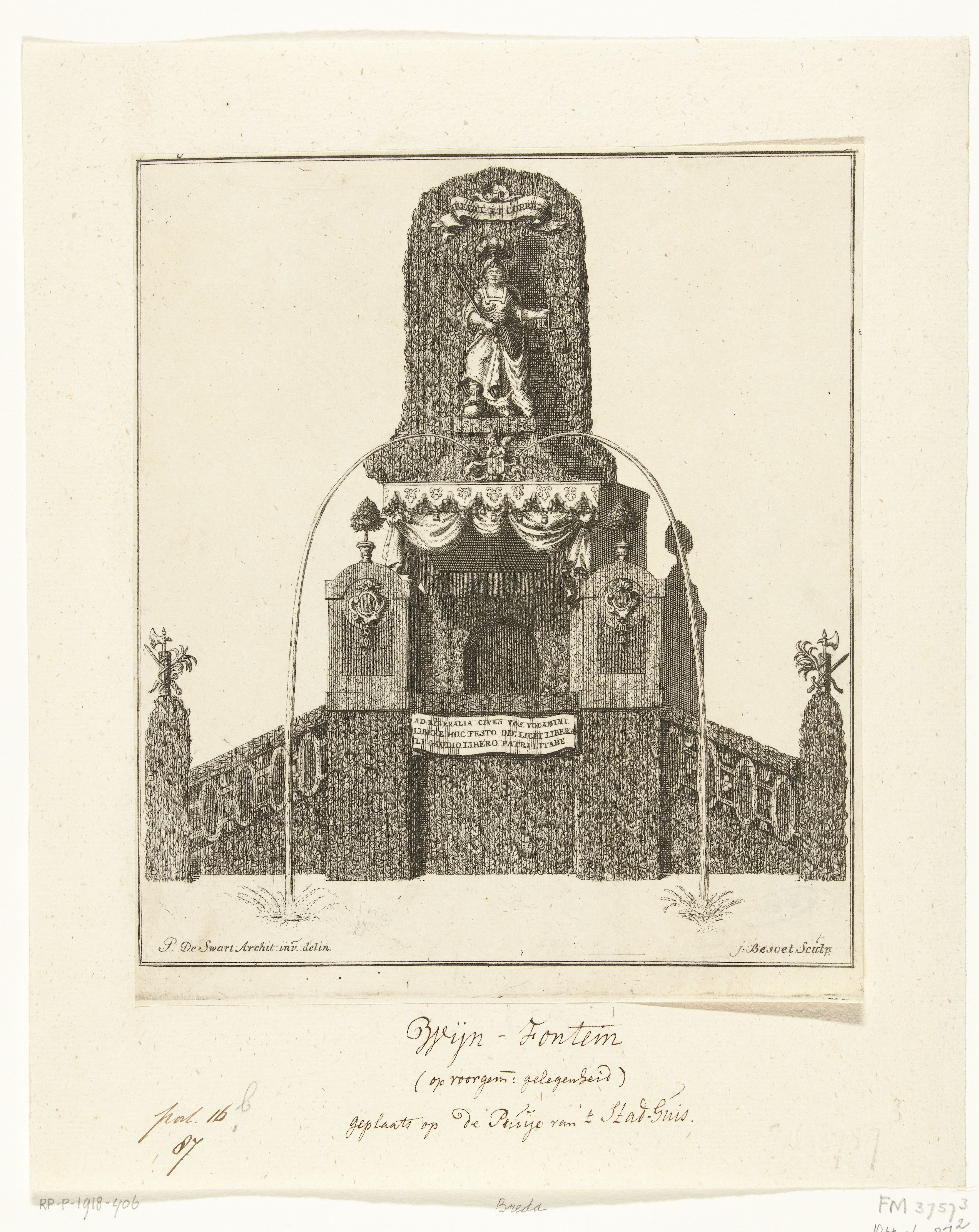 Fontein voor de gevel van het stadhuis bij de intrede van Willem IV en zijn gemalin te Breda op 13 september 1737