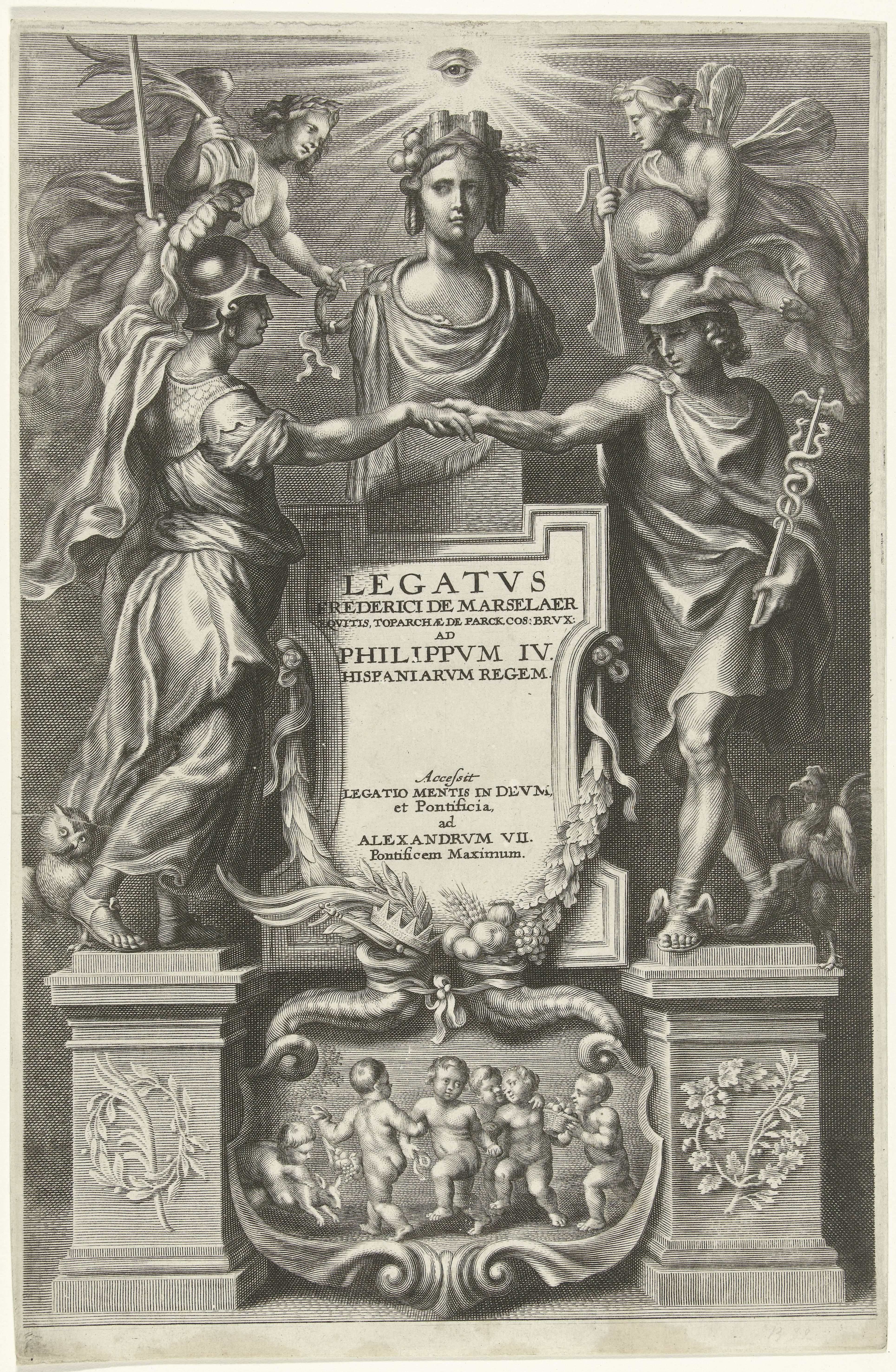 Minerva en Mercurius reiken elkaar de hand
