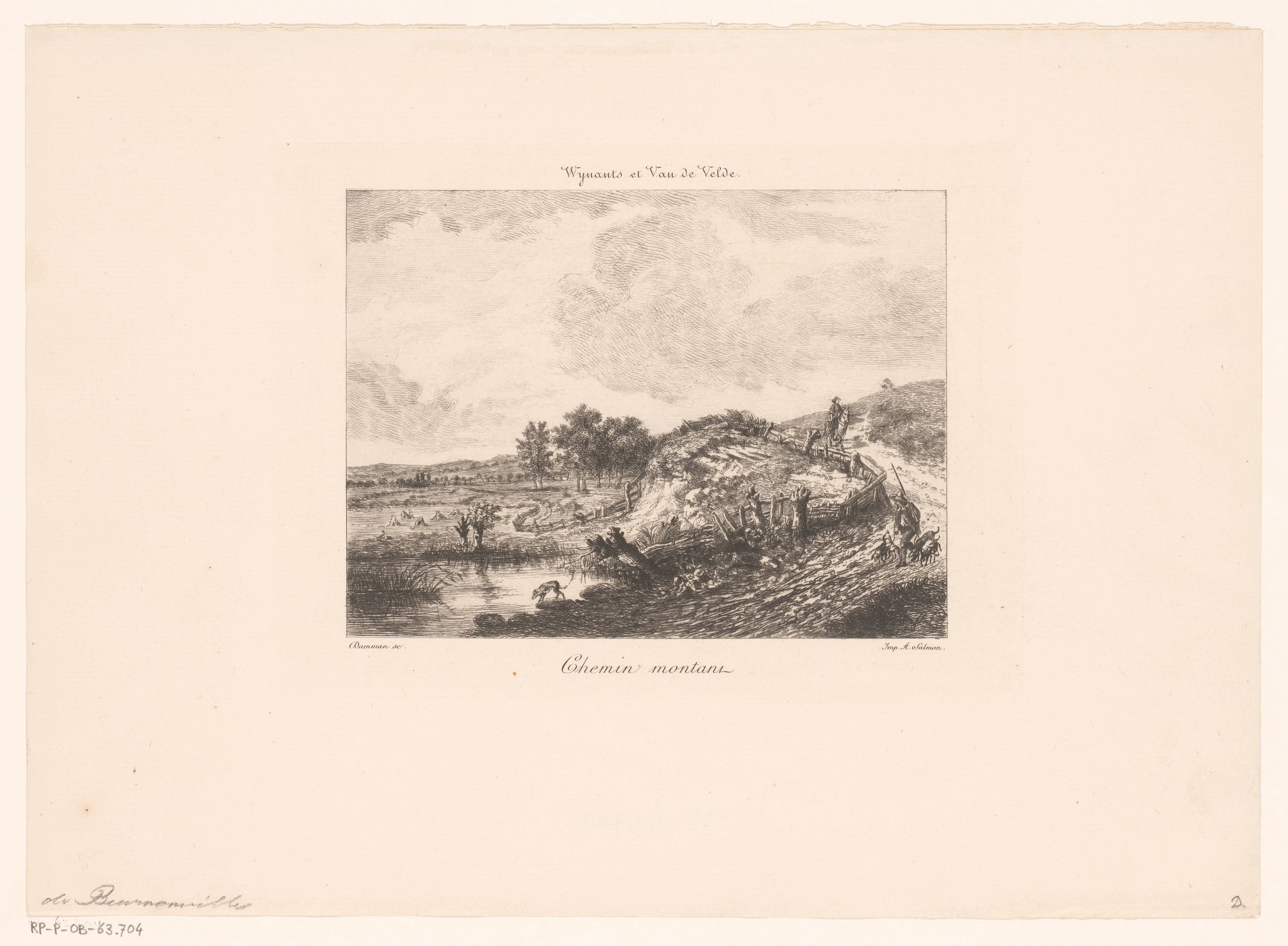 Landschap met een ruiter en een jager met honden op een zandpad