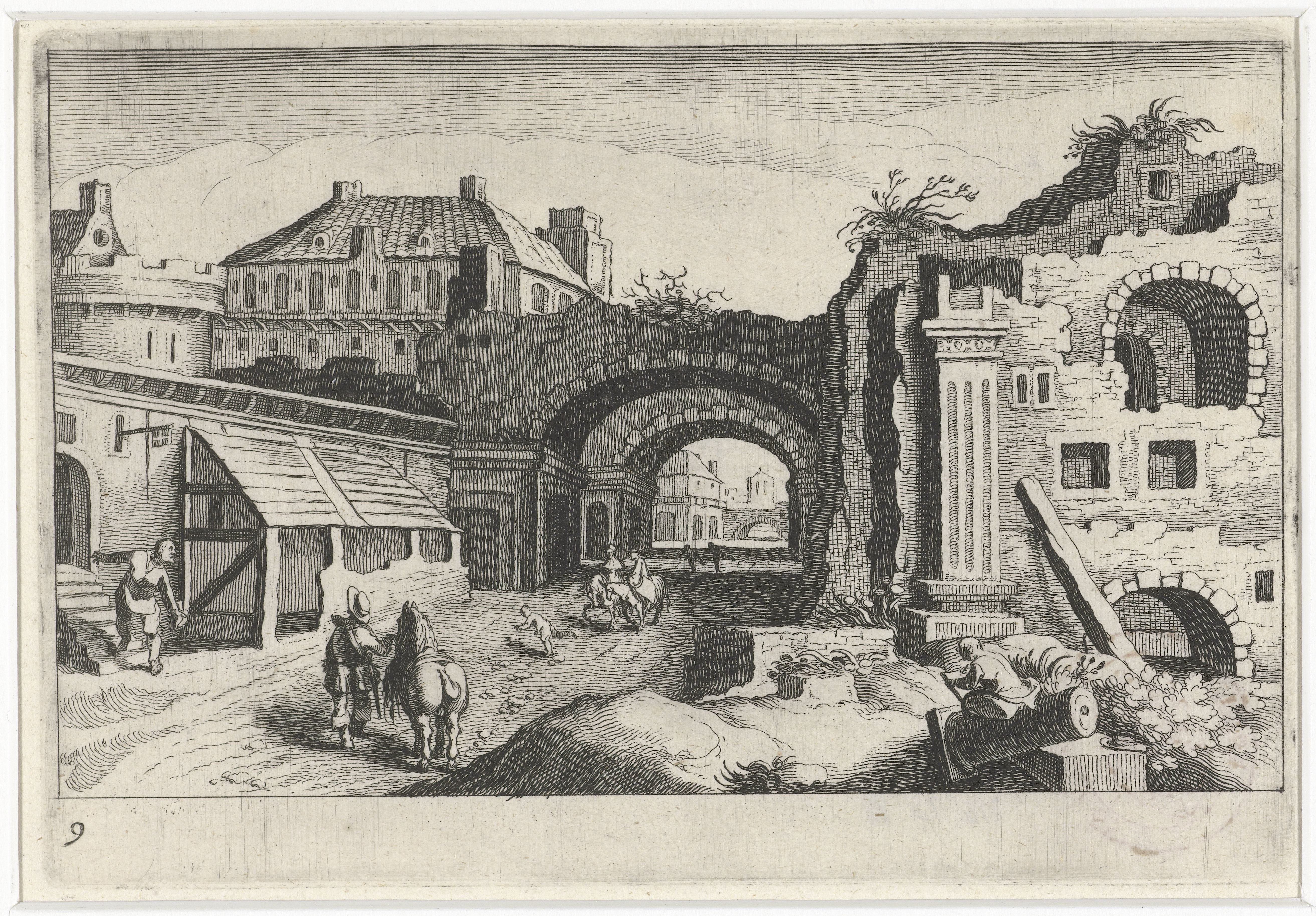 Stadsgezicht met een ruïne