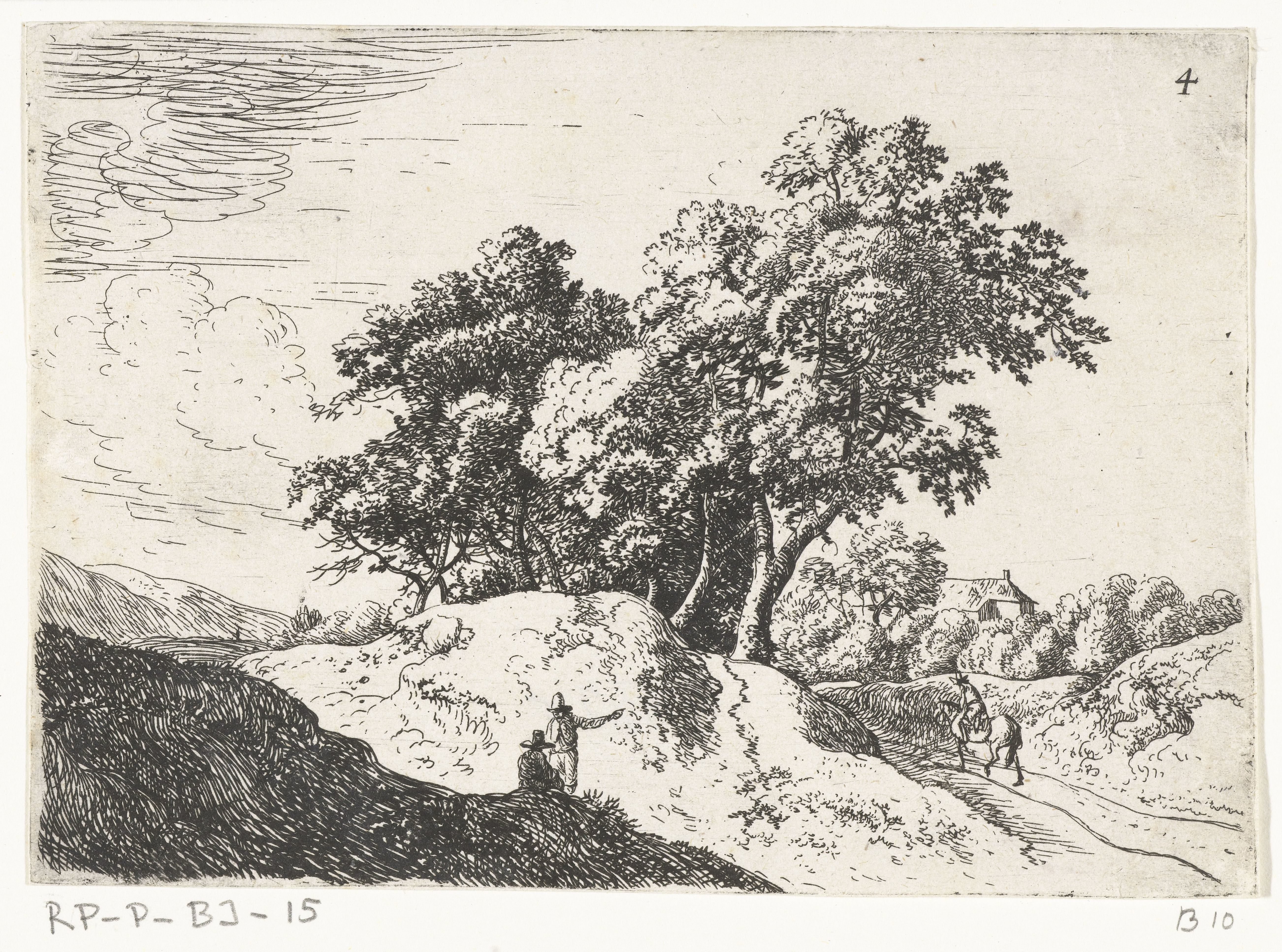 Groep bomen op een heuvel met passerende ruiter