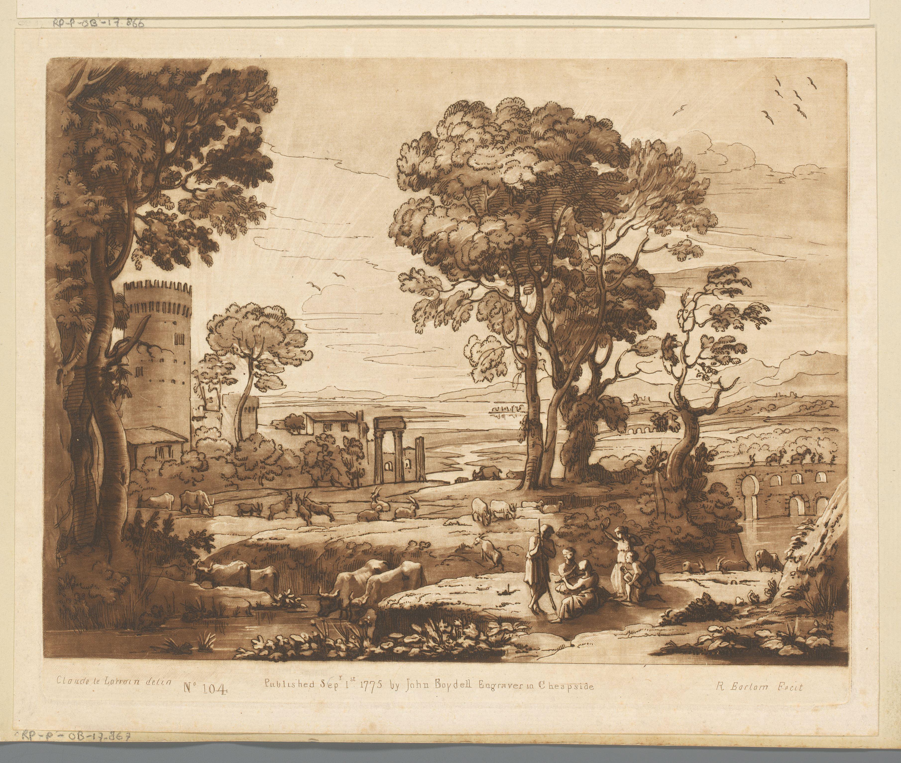 Landschap met ruïne, toren, stenen brug en musicerende herders