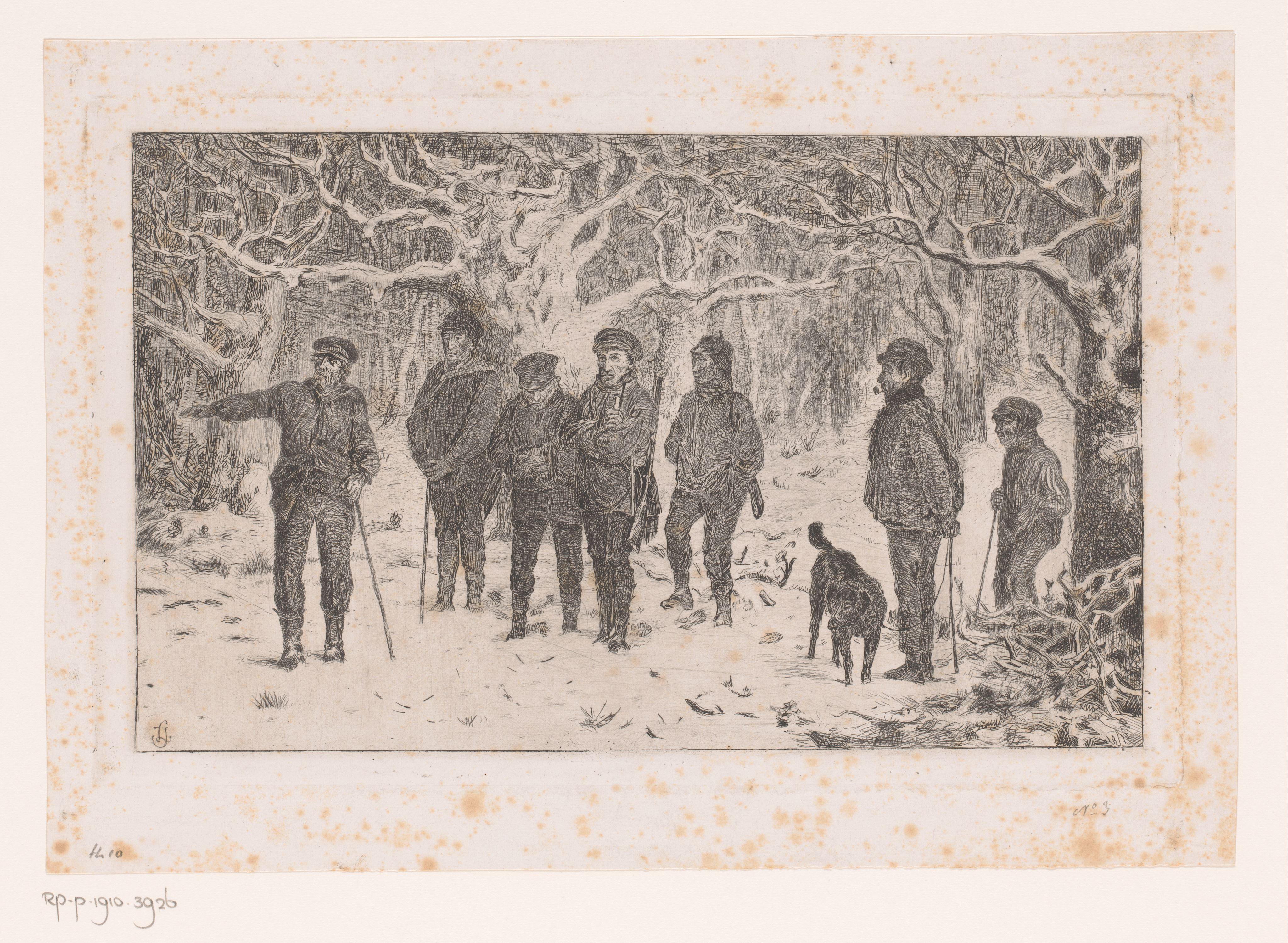 Groep jagers en drijvers in een besneeuwd bos