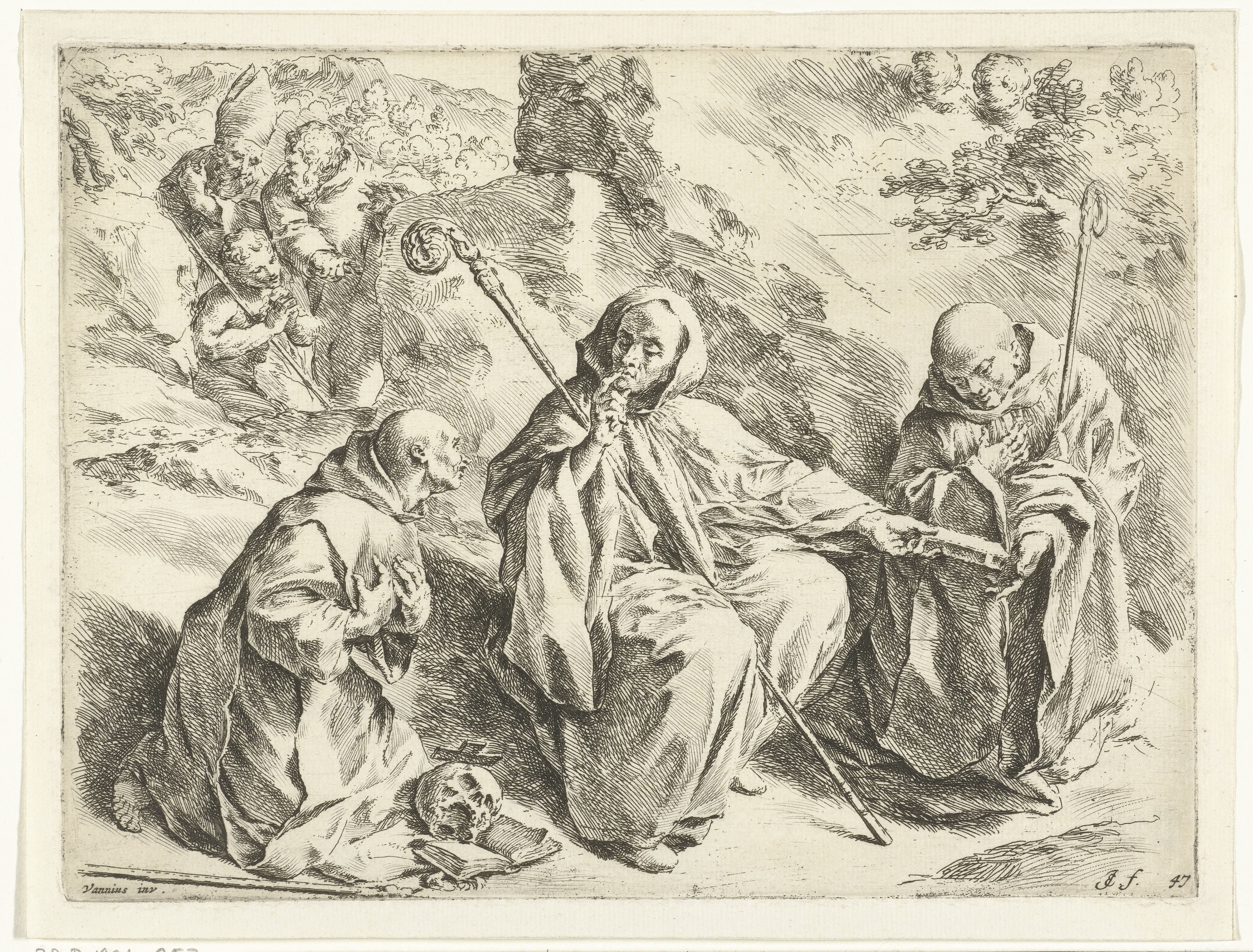 De heilige Benedictus zittend tussen de heiligen Bruno en Bernard